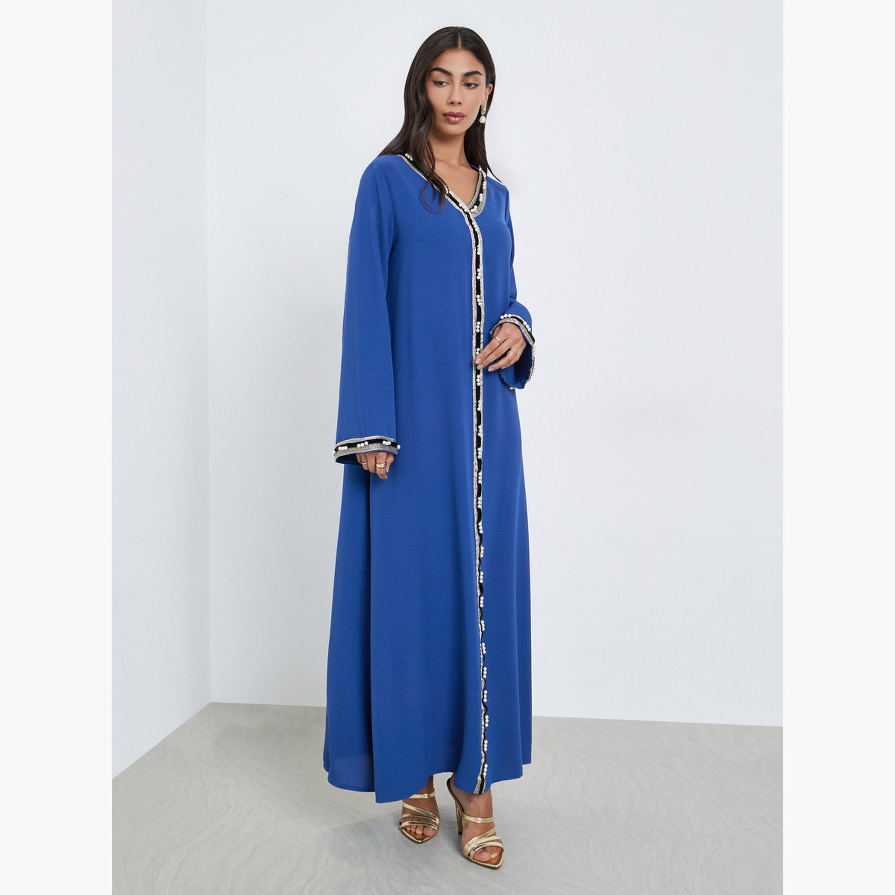 Styli Blue Lace Detail A-Line Jalabiya-women-arabicclothing-jalabiyas-image-2