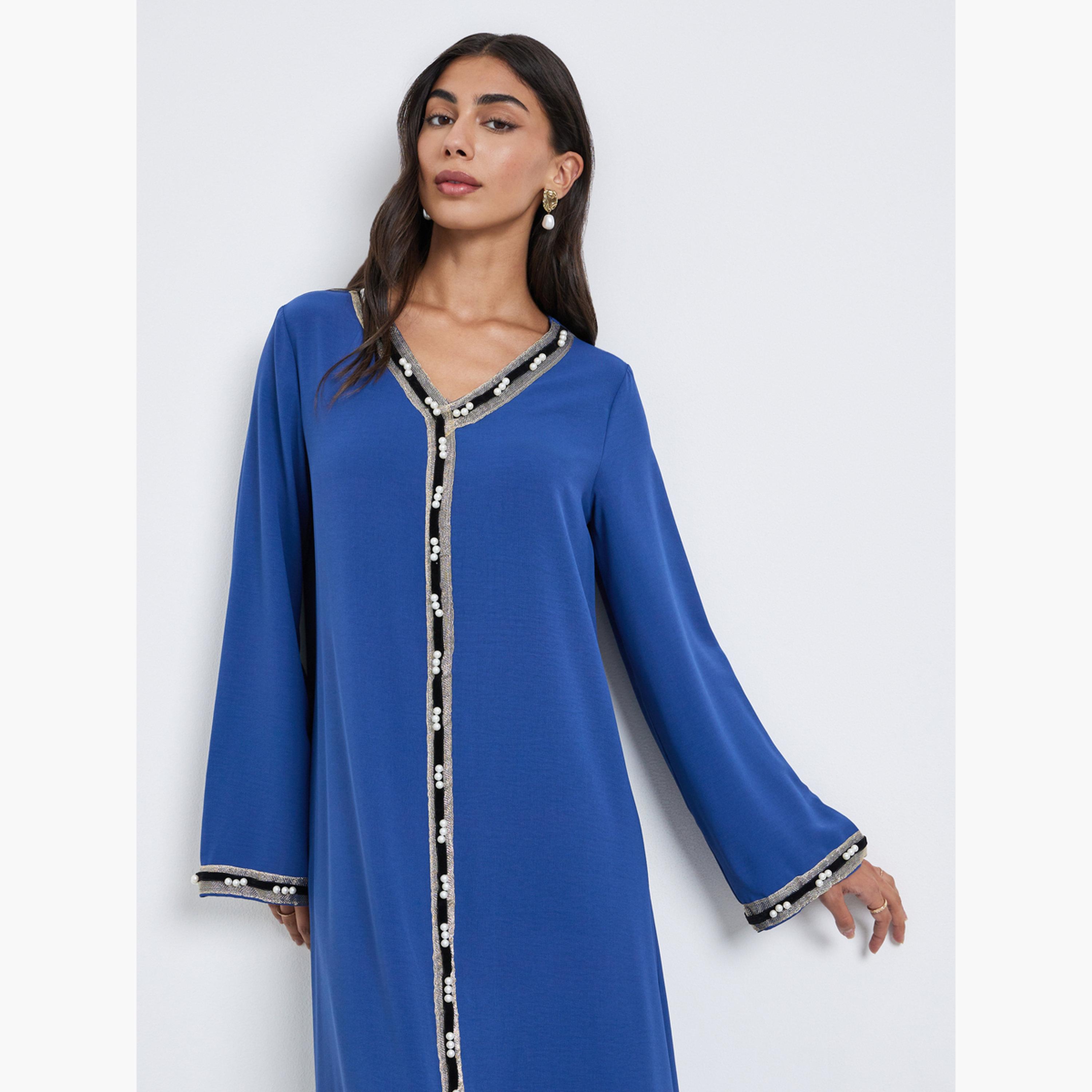 Styli Blue Lace Detail A-Line Jalabiya-women-arabicclothing-jalabiyas-image-3