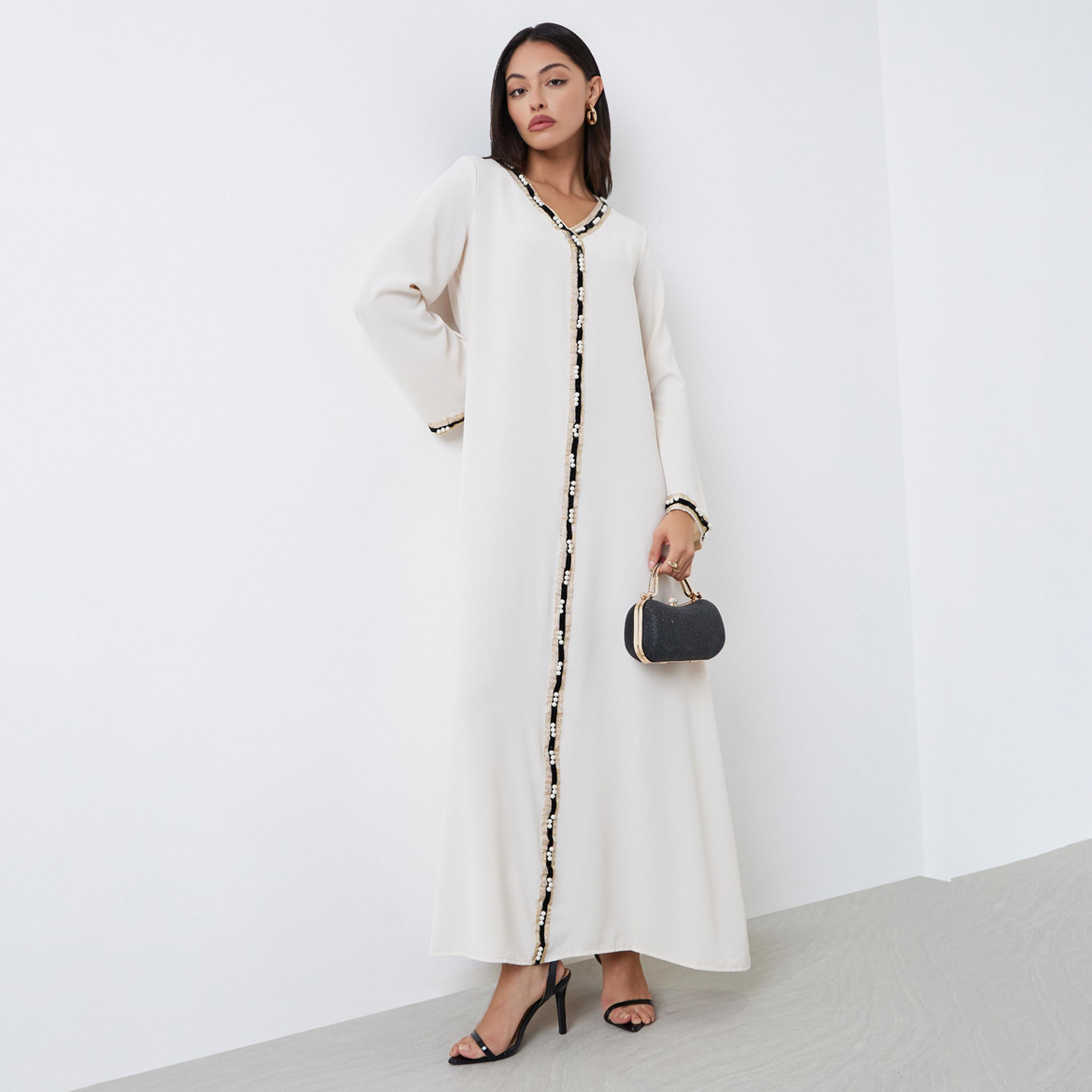 Styli Cream Lace Detail A-Line Jalabiya-women-arabicclothing-jalabiyas-image-1