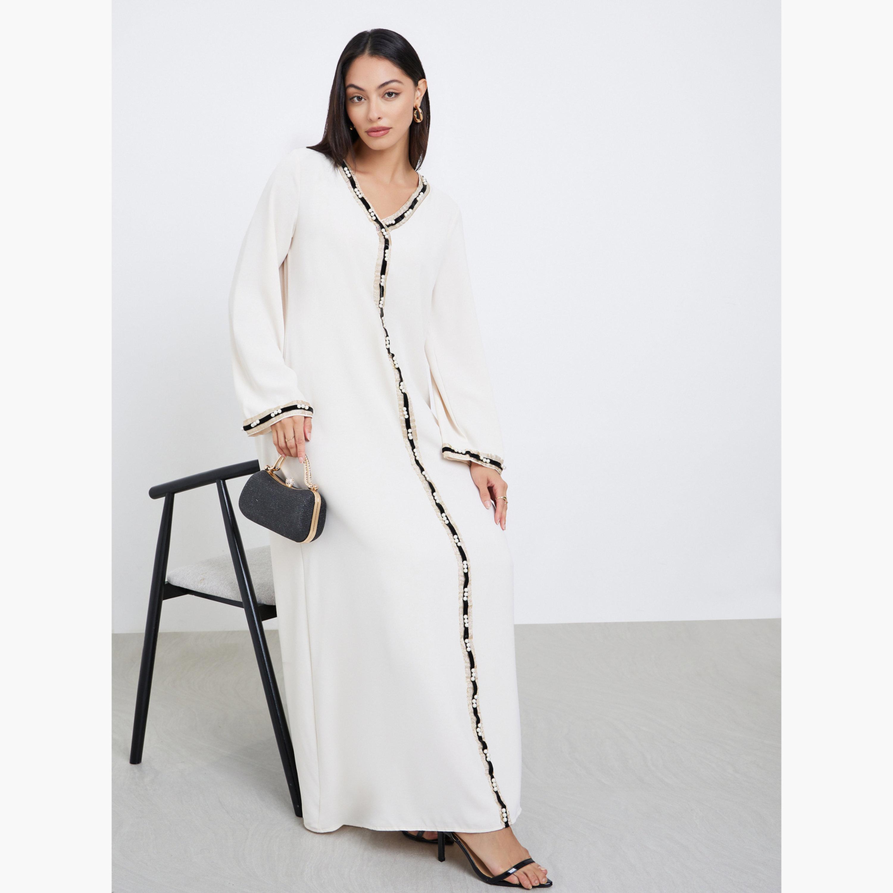 Styli Cream Lace Detail A-Line Jalabiya-women-arabicclothing-jalabiyas-image-2
