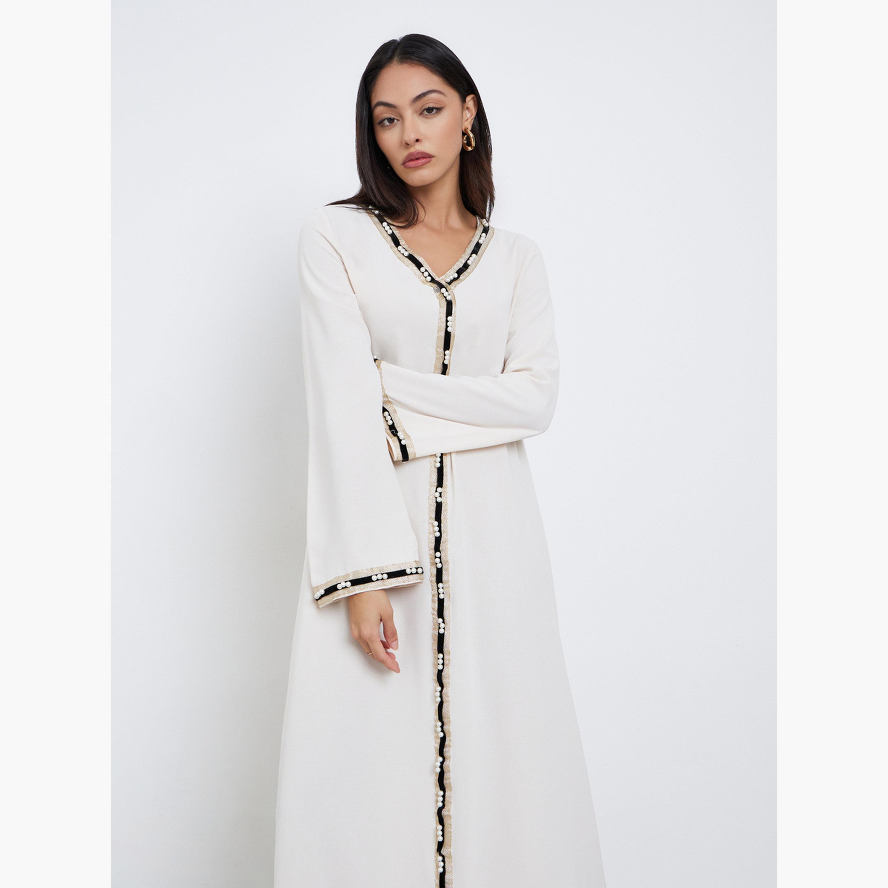Styli Cream Lace Detail A-Line Jalabiya-women-arabicclothing-jalabiyas-image-3