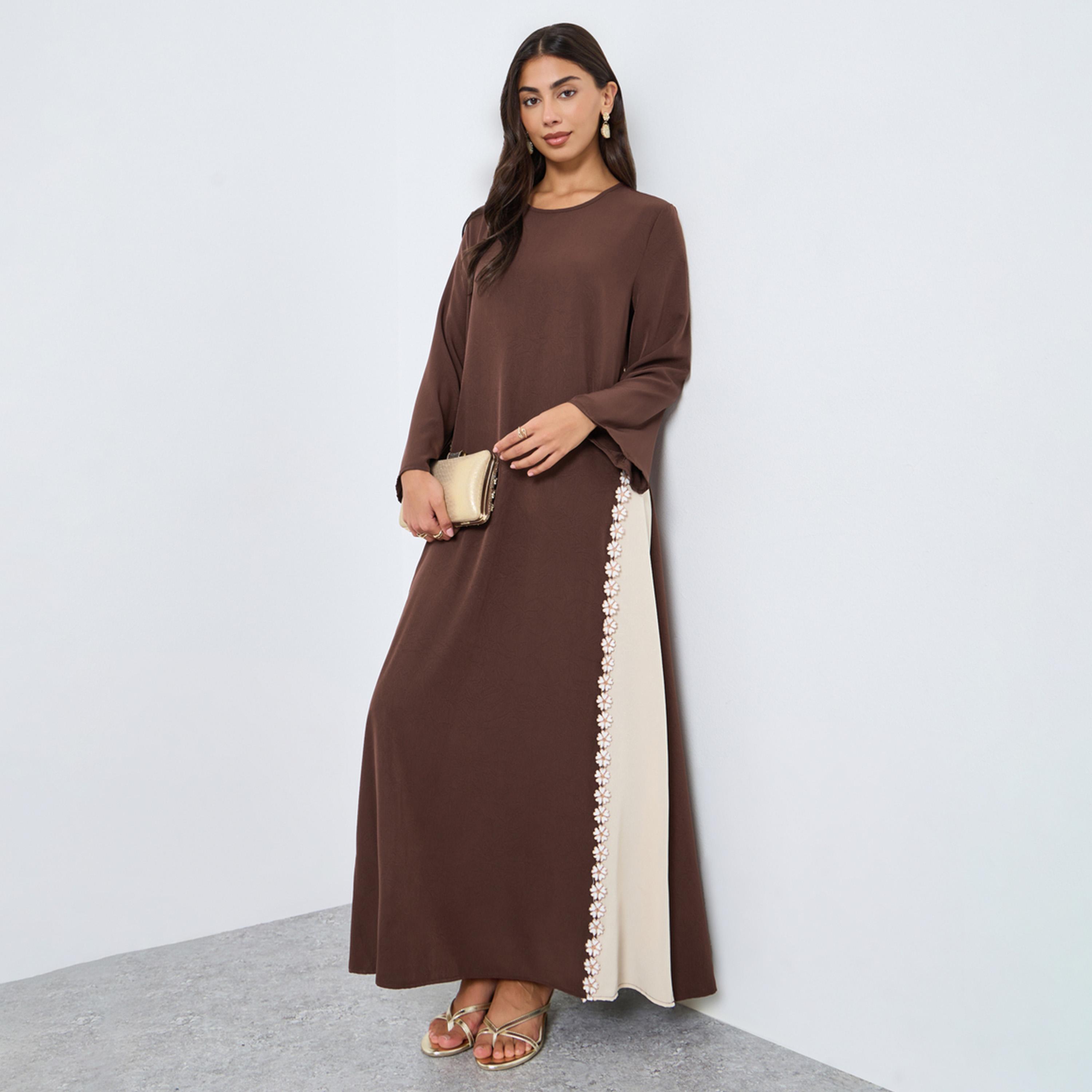 Styli Brown Floral Lace A-Line Jalabiya-women-arabicclothing-jalabiyas-image-1