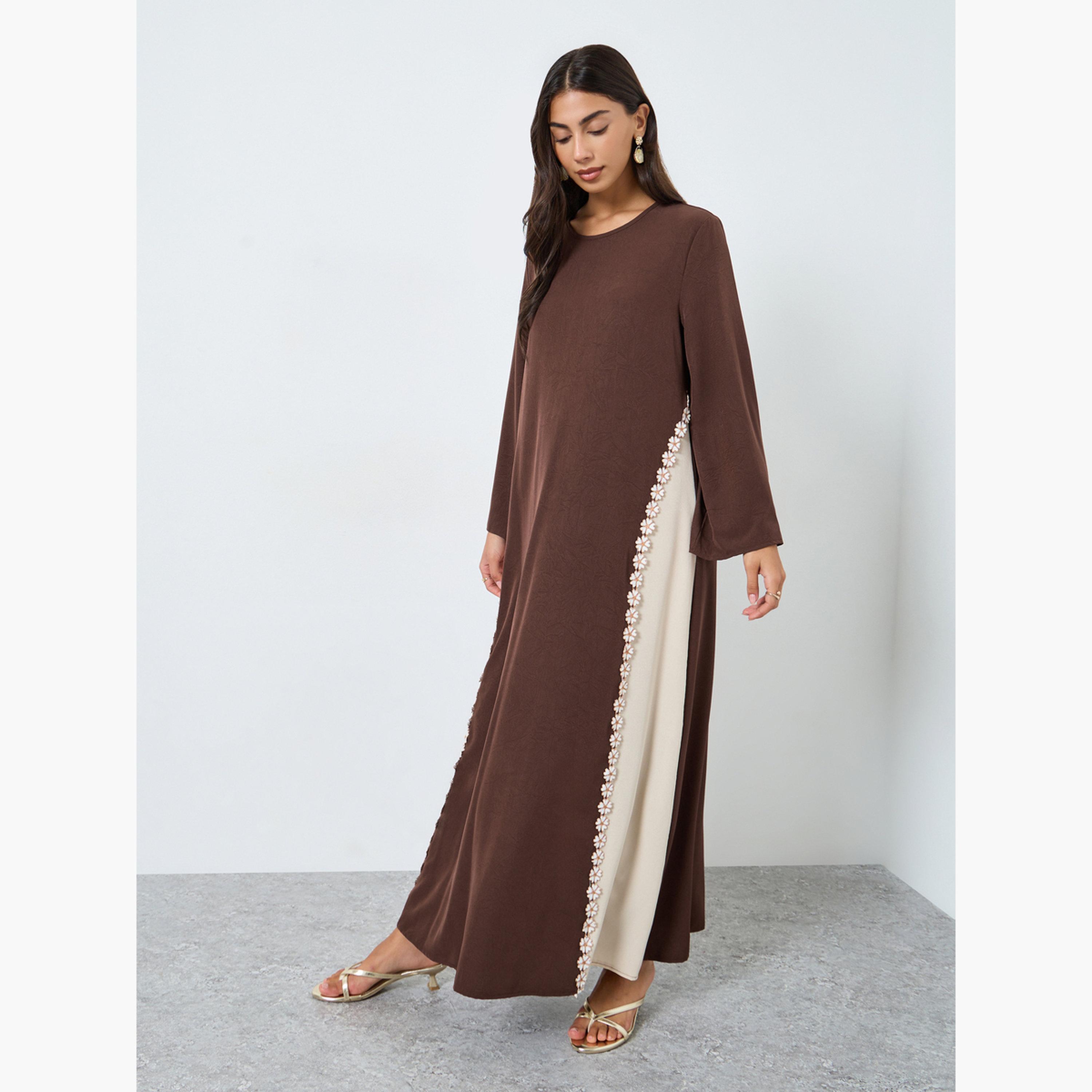 Styli Brown Floral Lace A-Line Jalabiya-women-arabicclothing-jalabiyas-image-2