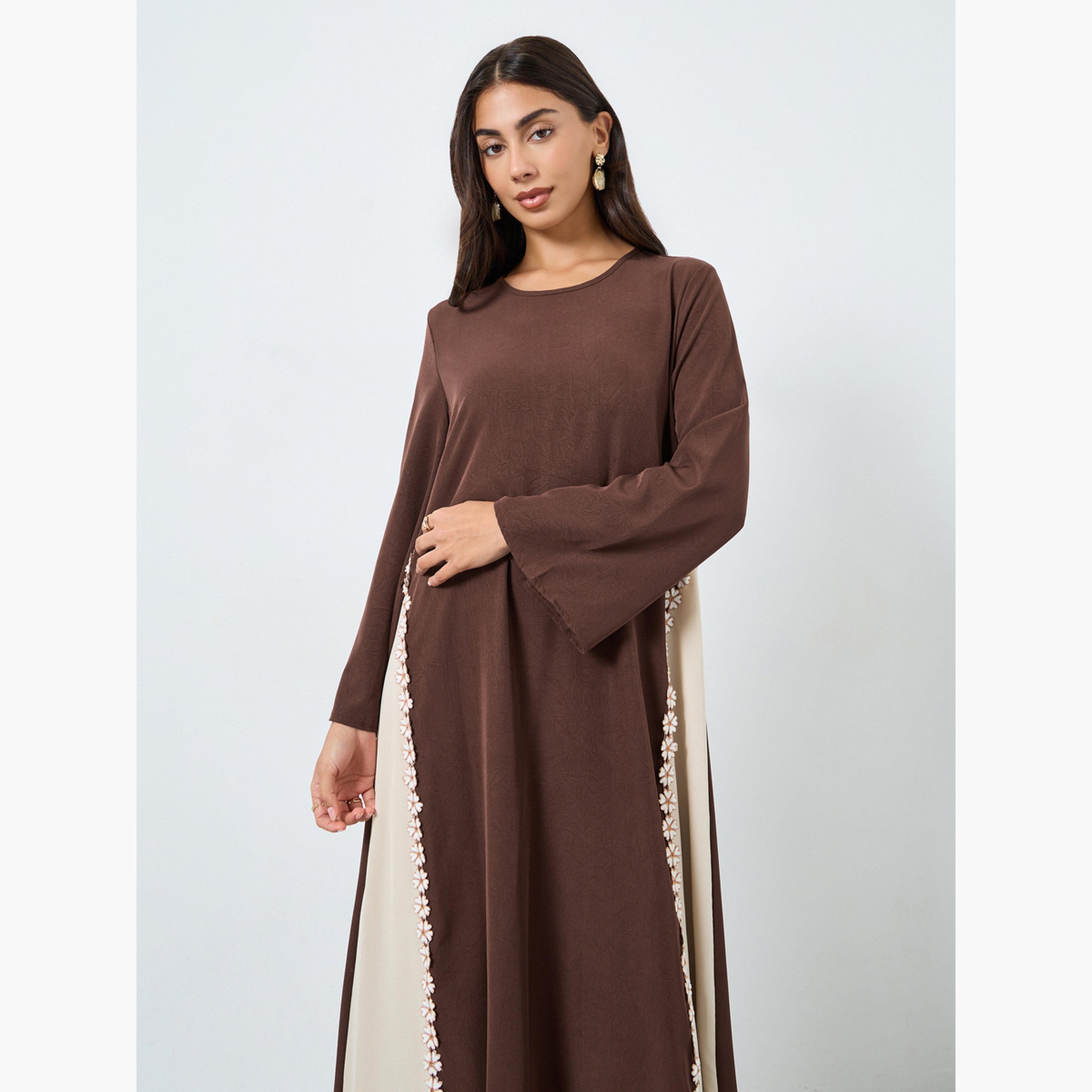 Styli Brown Floral Lace A-Line Jalabiya-women-arabicclothing-jalabiyas-image-3