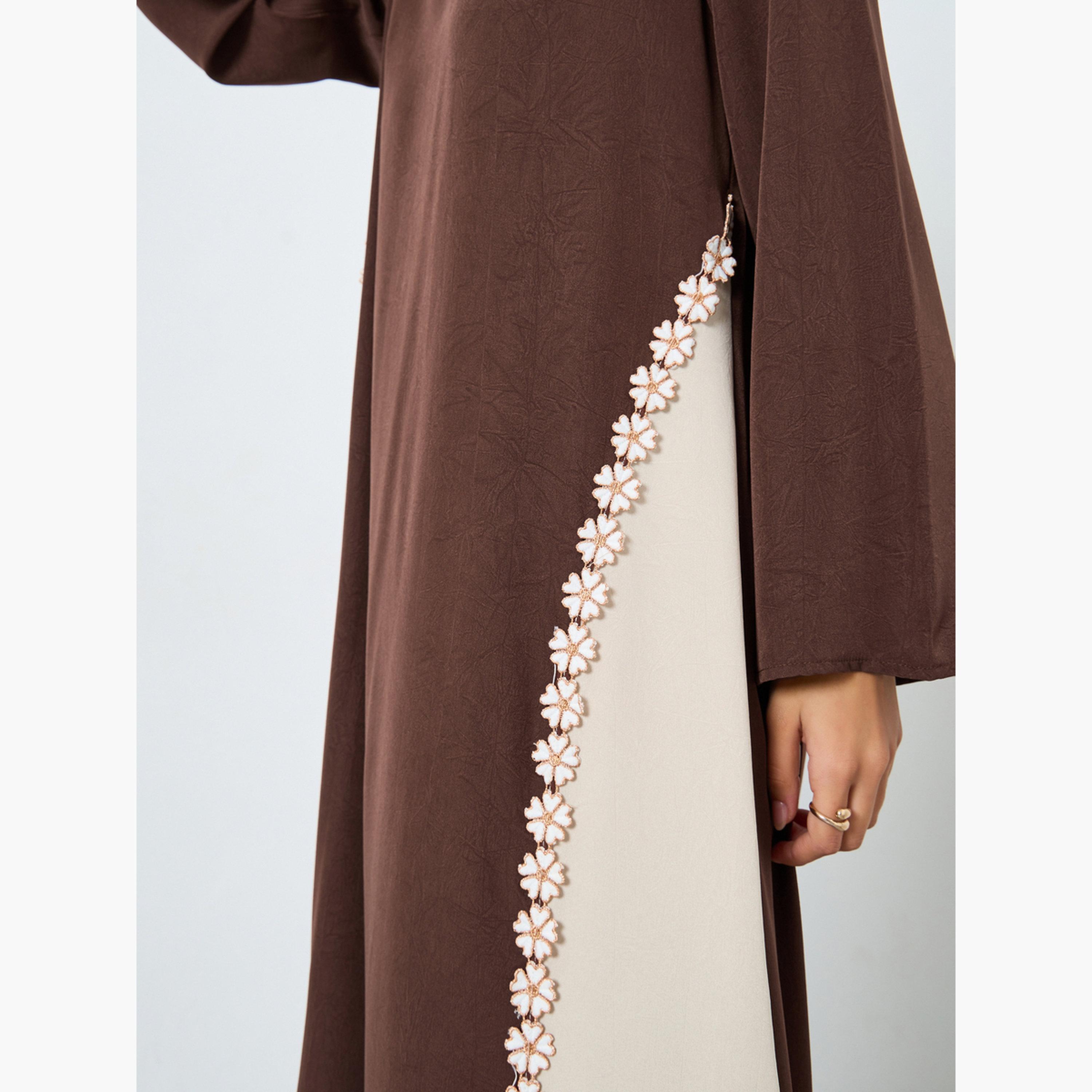 Styli Brown Floral Lace A-Line Jalabiya-women-arabicclothing-jalabiyas-image-5
