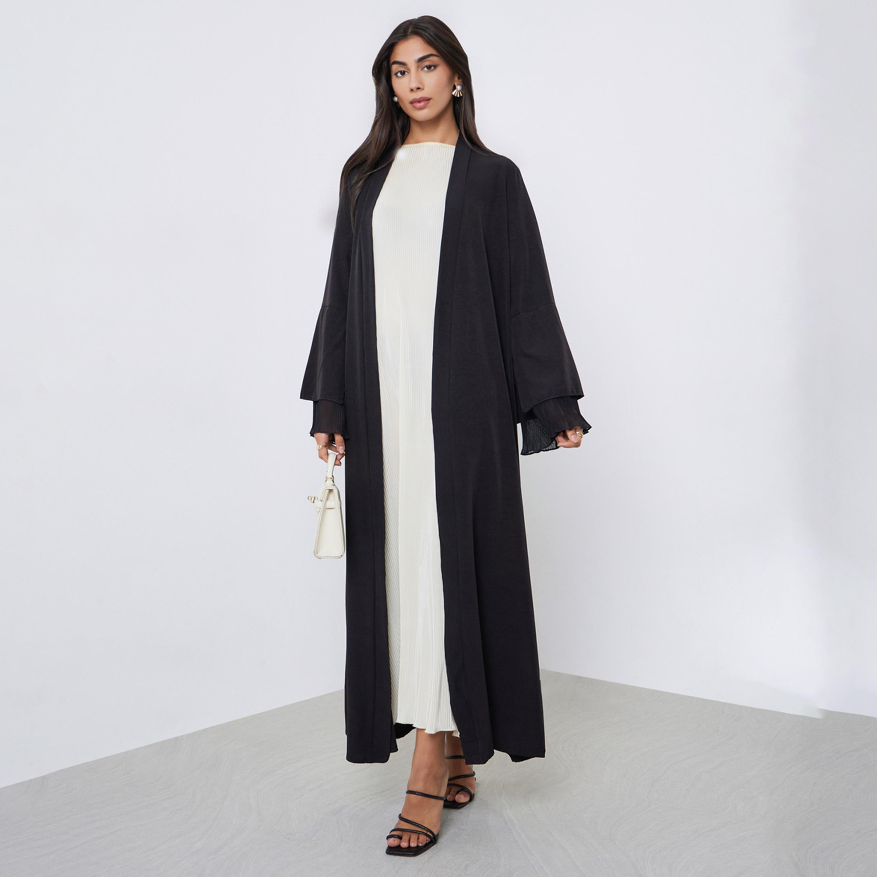 Styli Black Flared Sleeve Abaya with Plisse Detail-women-arabicclothing-abayas-image-1