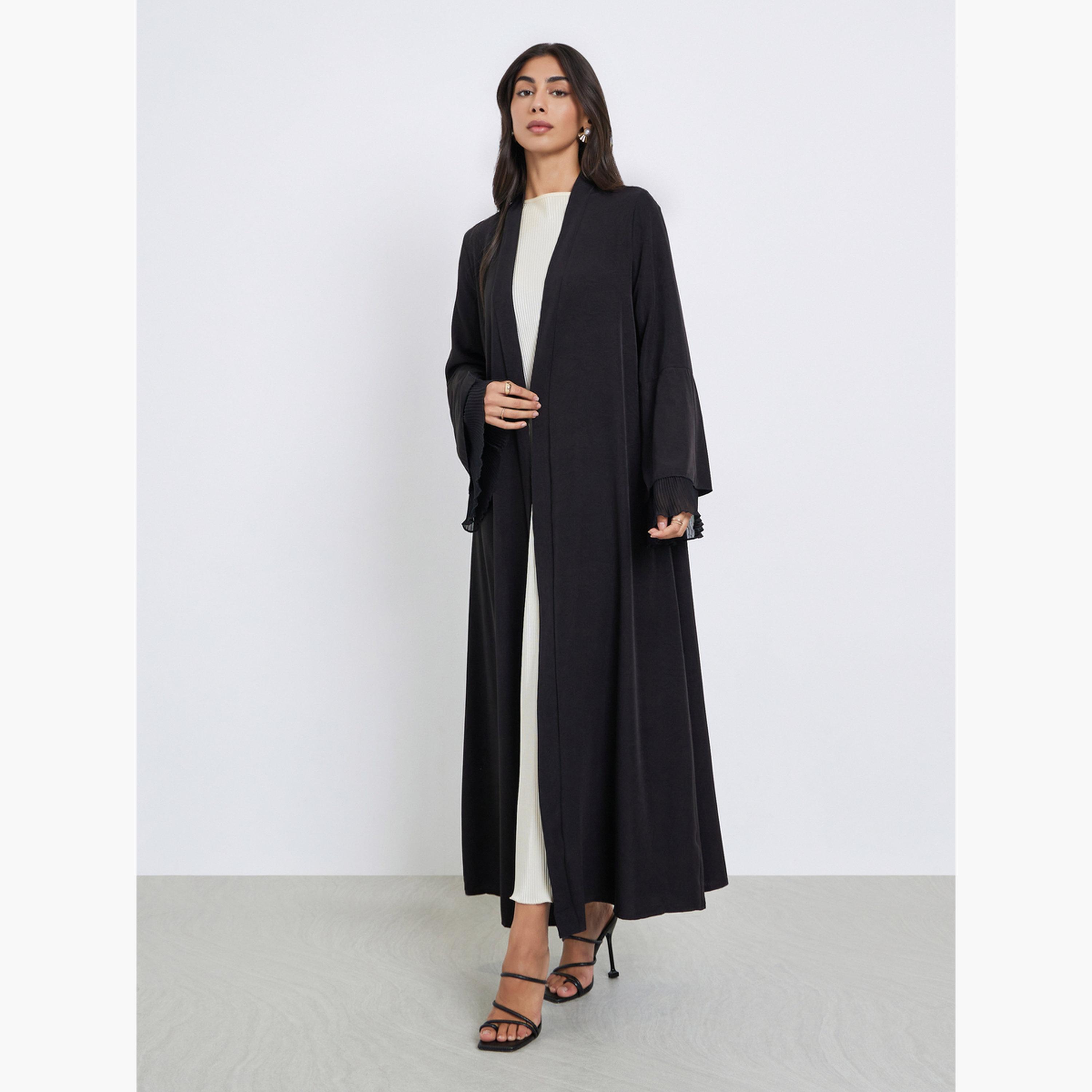 Styli Black Flared Sleeve Abaya with Plisse Detail-women-arabicclothing-abayas-image-2