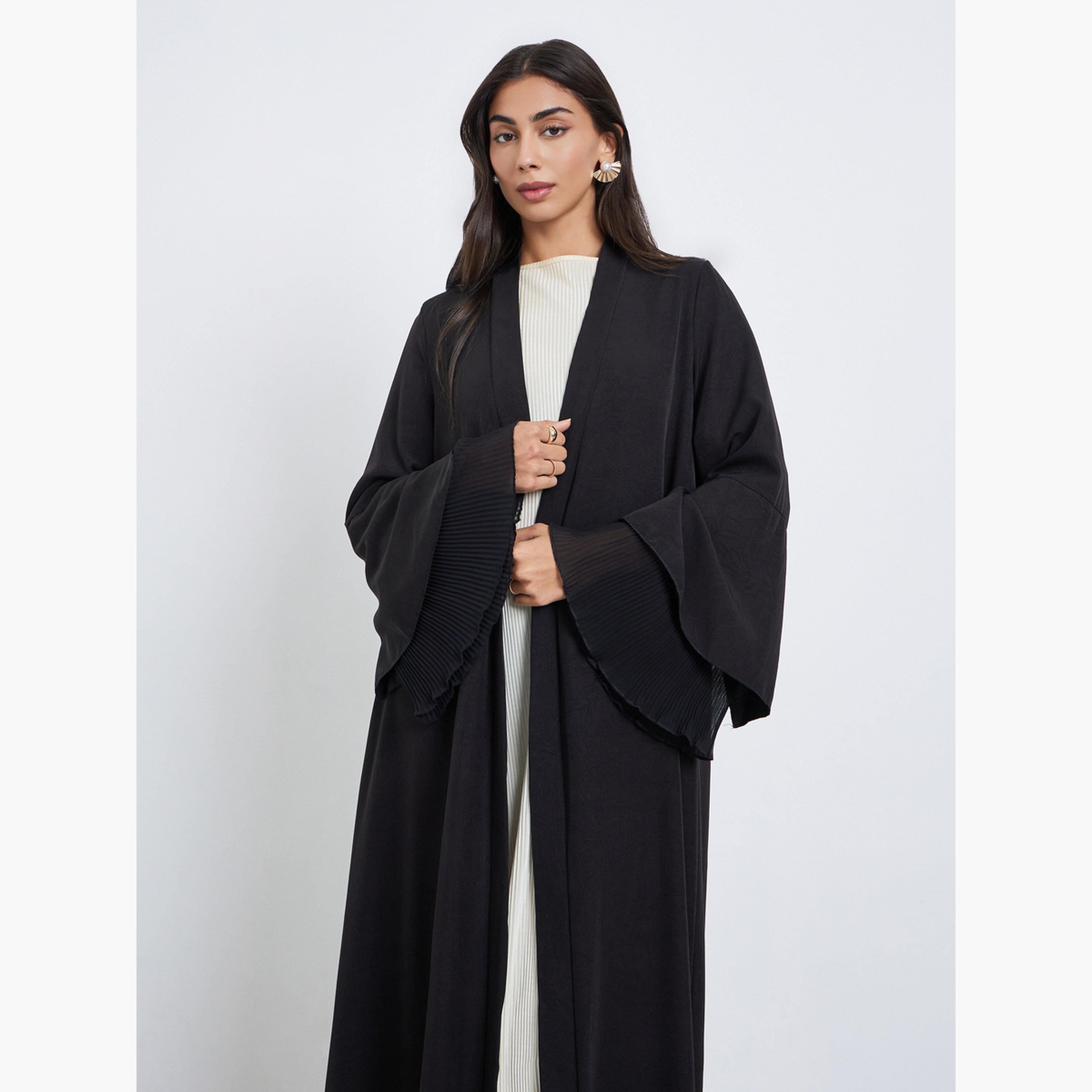 Styli Black Flared Sleeve Abaya with Plisse Detail-women-arabicclothing-abayas-image-3