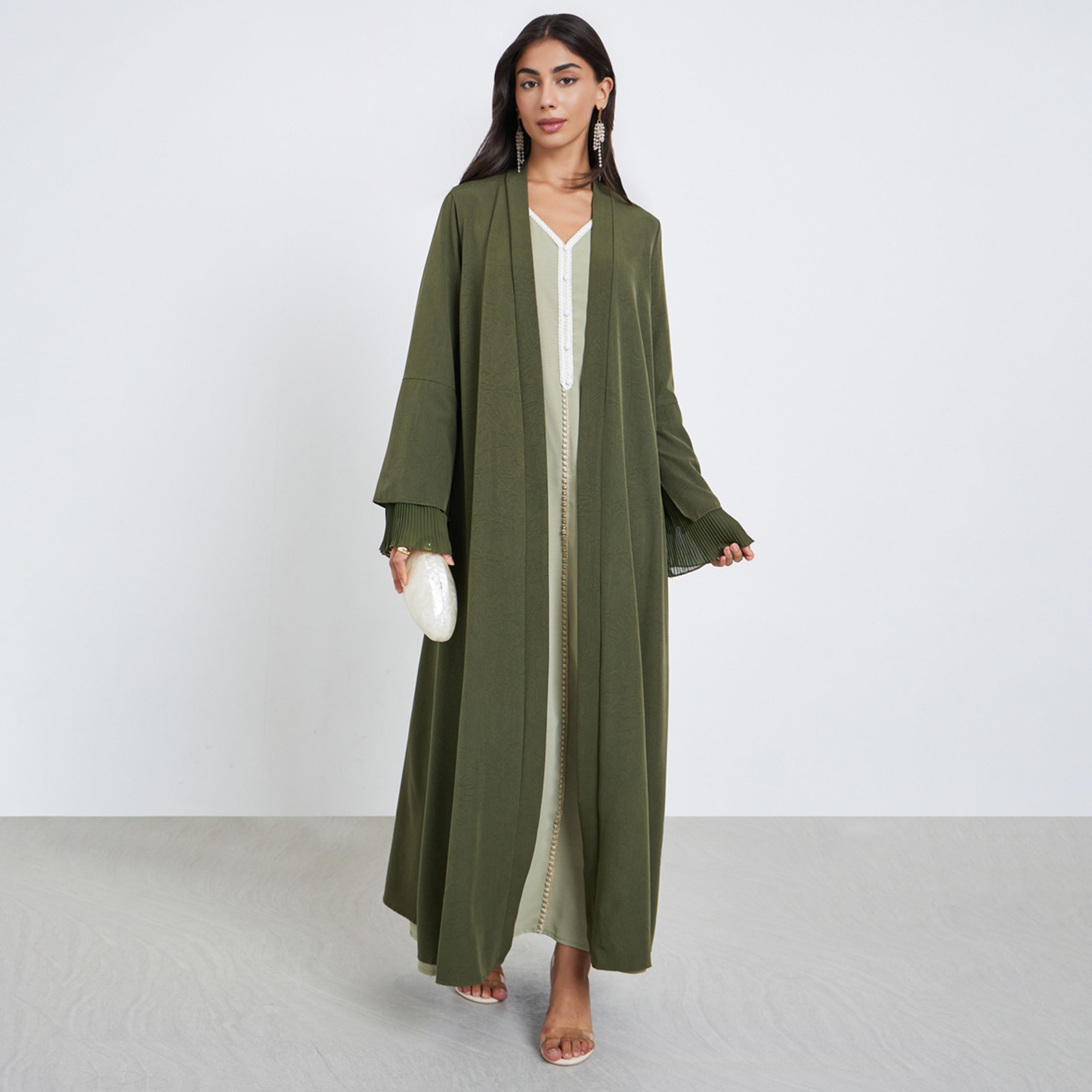 Styli Olive Flared Sleeve Abaya with Plisse Detail-women-arabicclothing-abayas-image-1