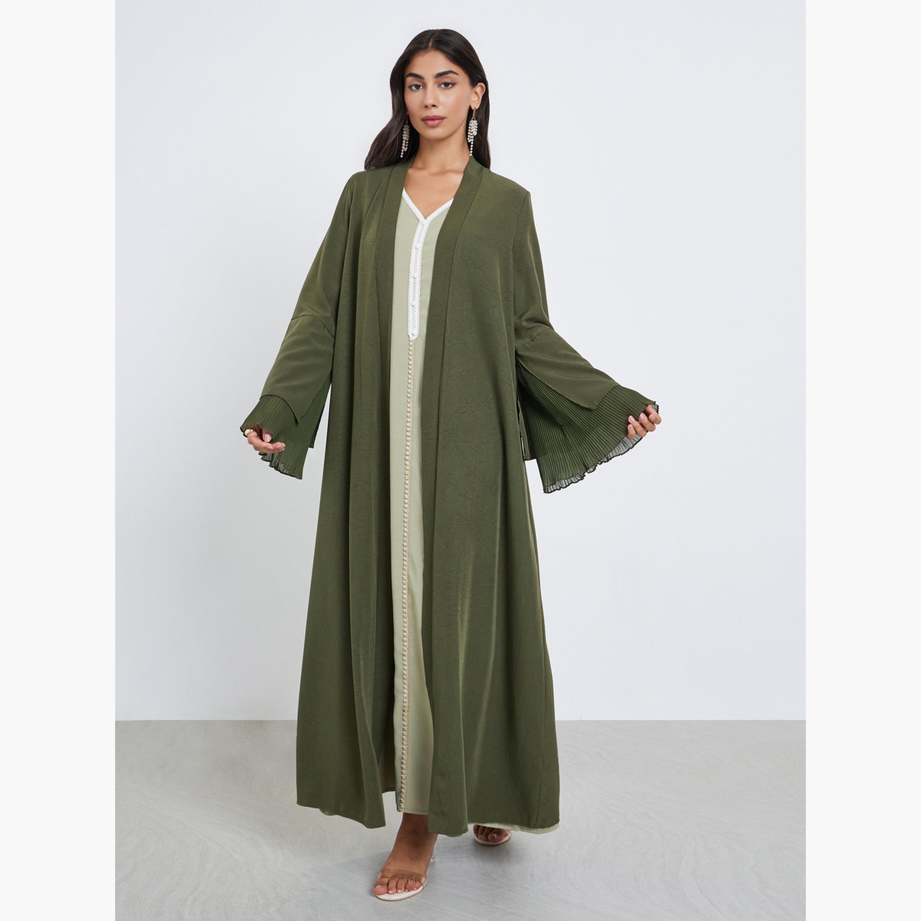 Styli Olive Flared Sleeve Abaya with Plisse Detail-women-arabicclothing-abayas-image-2