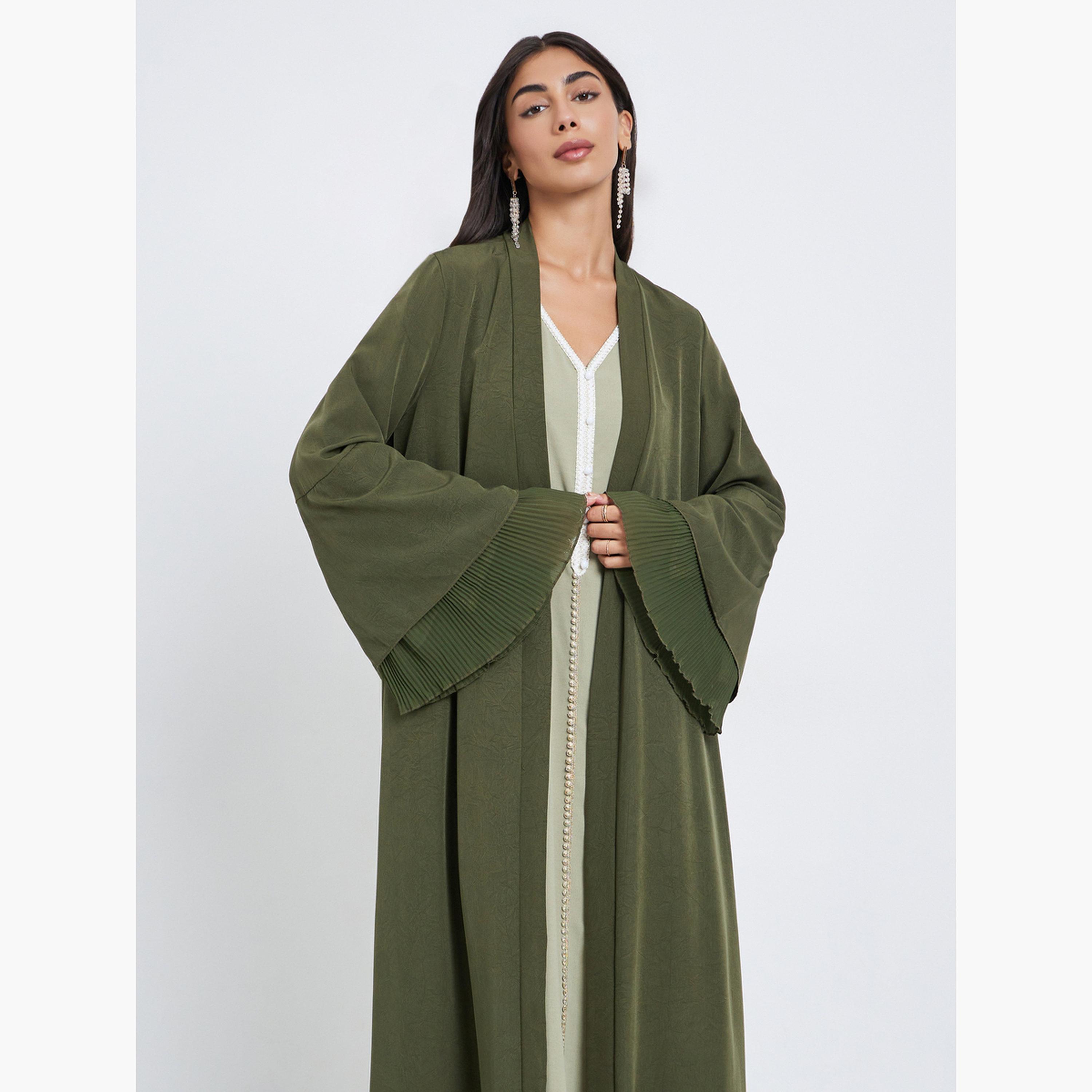 ستايلي - عباية زيتونية بأكمام واسعة مع تفاصيل بليسيه-women-arabicclothing-abayas-image-3