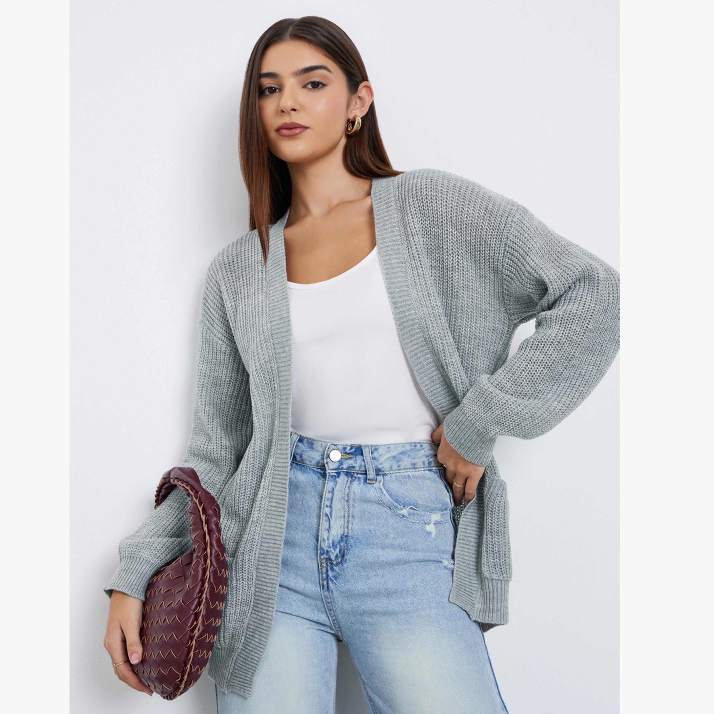 Styli Women Grey Longline Front Open Cardigan-women-clothing-cardigansandjumpers-cardigans-image-1