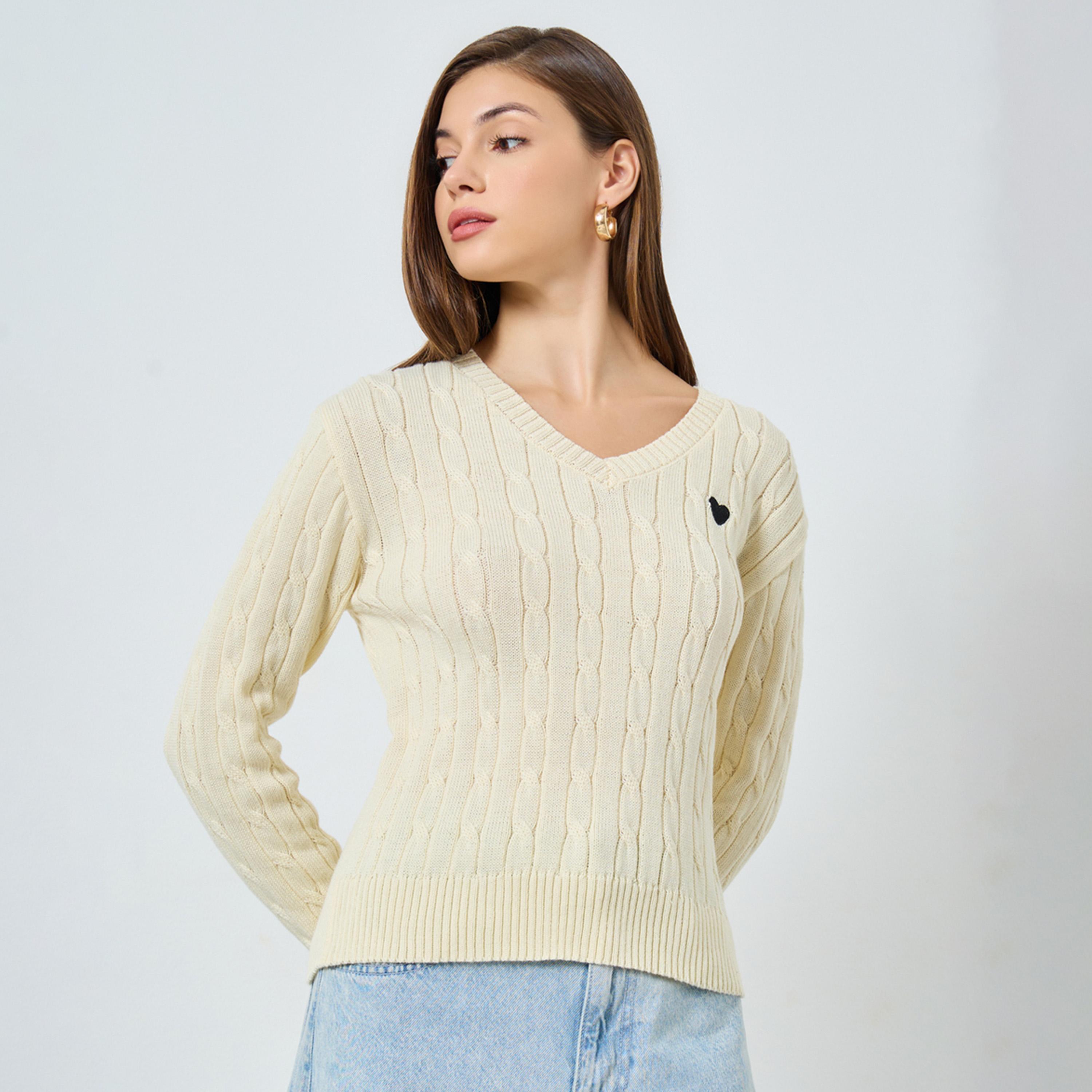 Styli Women Beige Cable Knit V-Neck Sweater-women-clothing-cardigansandjumpers-jumpers-image-1