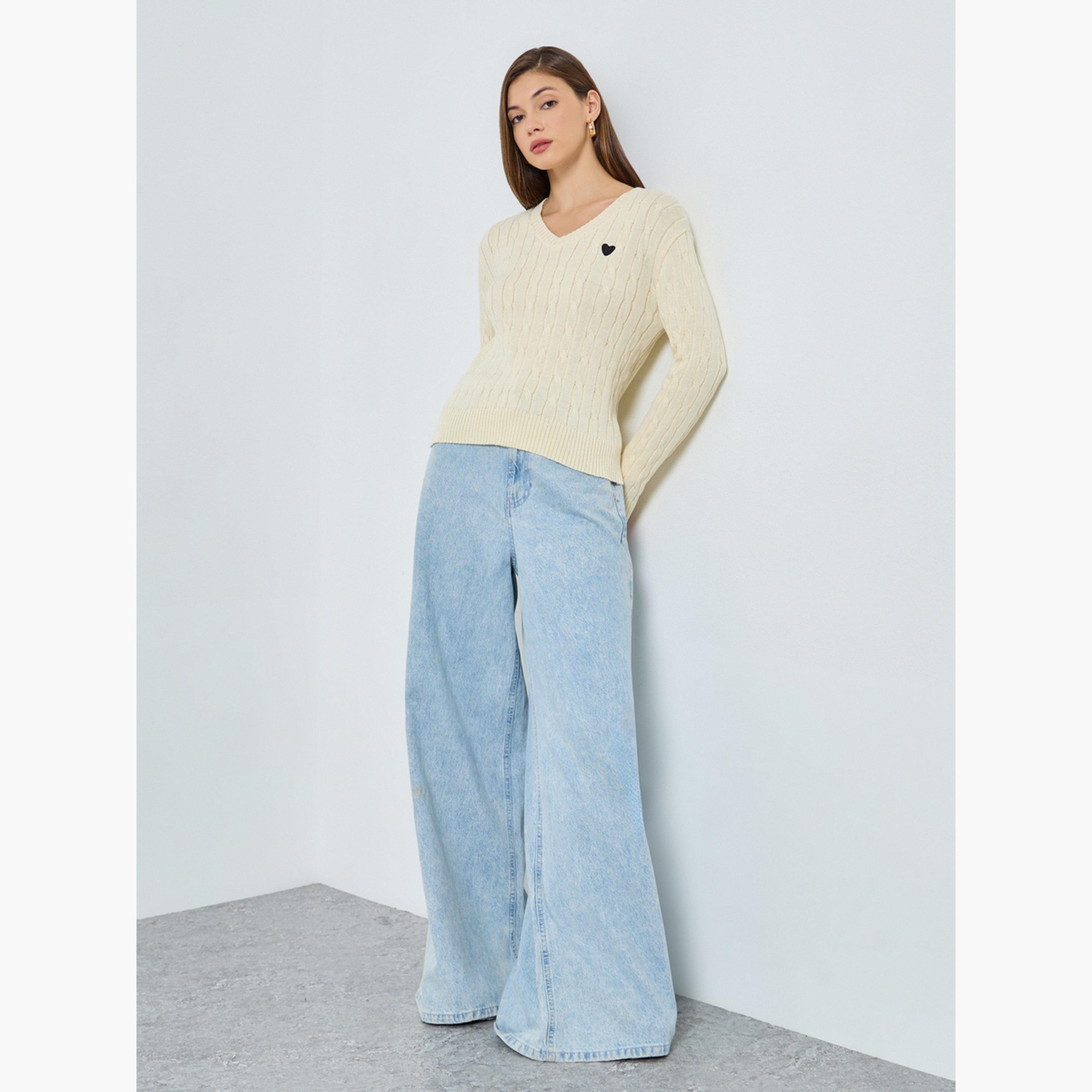 Styli Women Beige Cable Knit V-Neck Sweater-women-clothing-cardigansandjumpers-jumpers-image-2