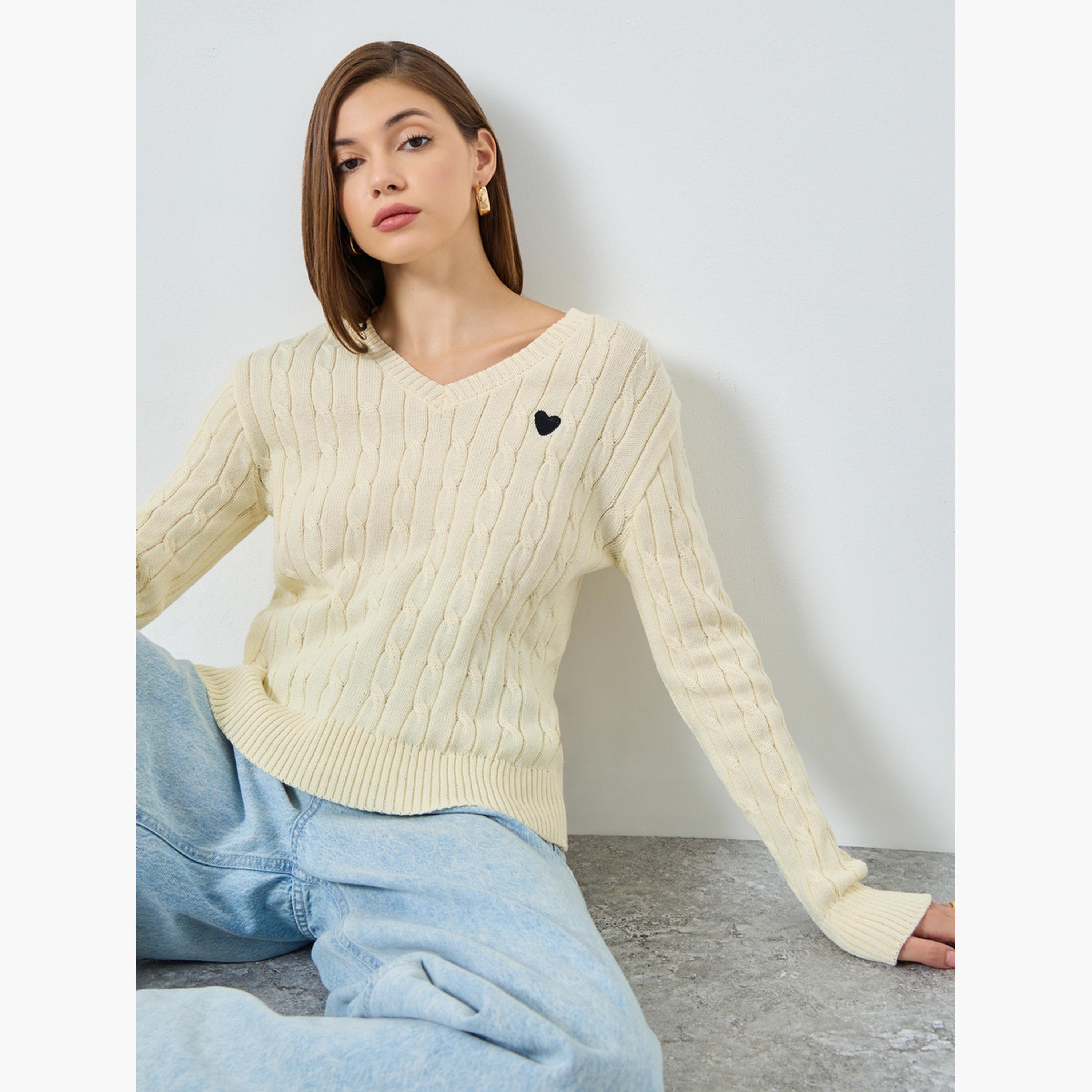 Styli Women Beige Cable Knit V-Neck Sweater-women-clothing-cardigansandjumpers-jumpers-image-3