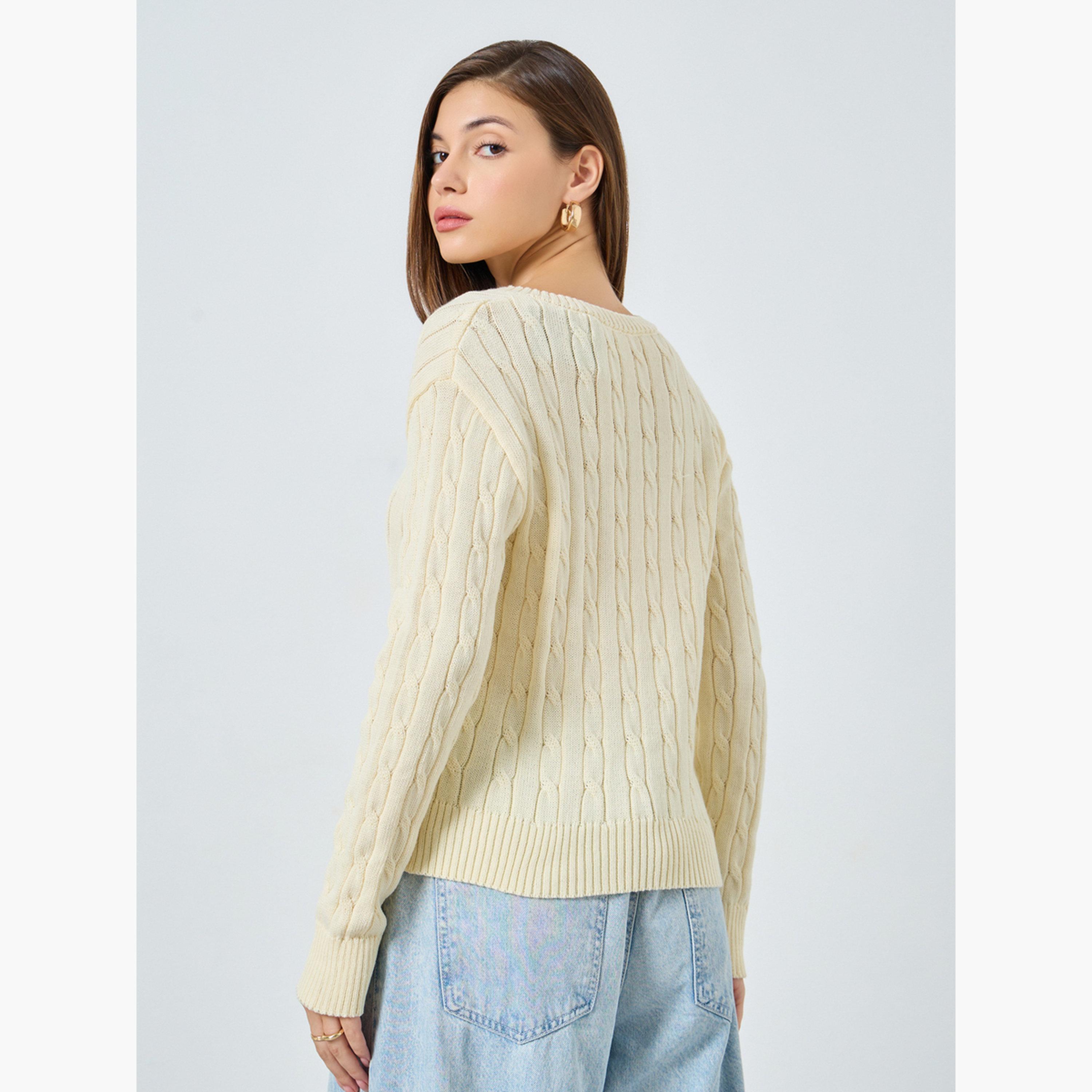 Styli Women Beige Cable Knit V-Neck Sweater-women-clothing-cardigansandjumpers-jumpers-image-4