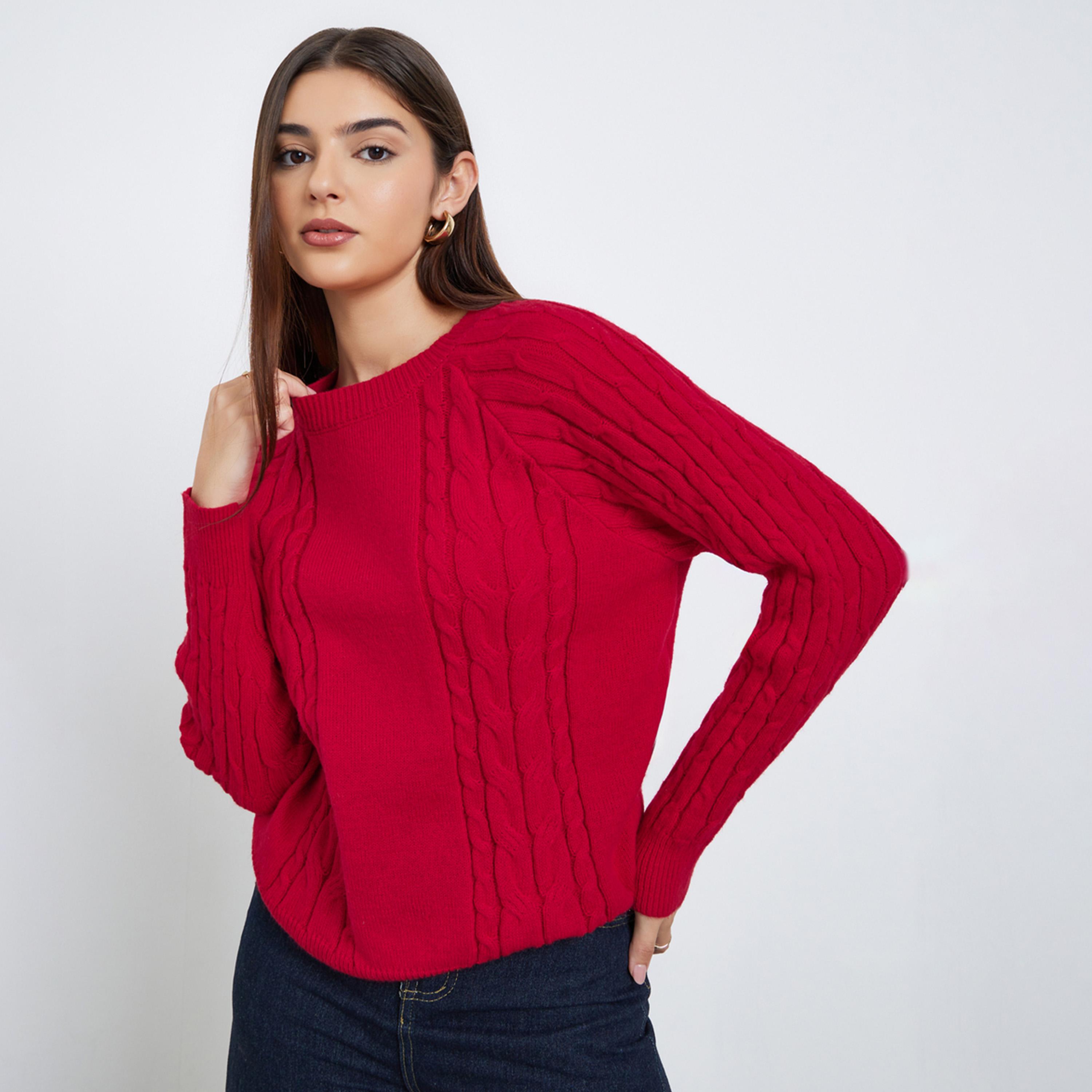 Styli Women Red Regular Fit Cable Knit Sweater-women-clothing-cardigansandjumpers-jumpers-image-1