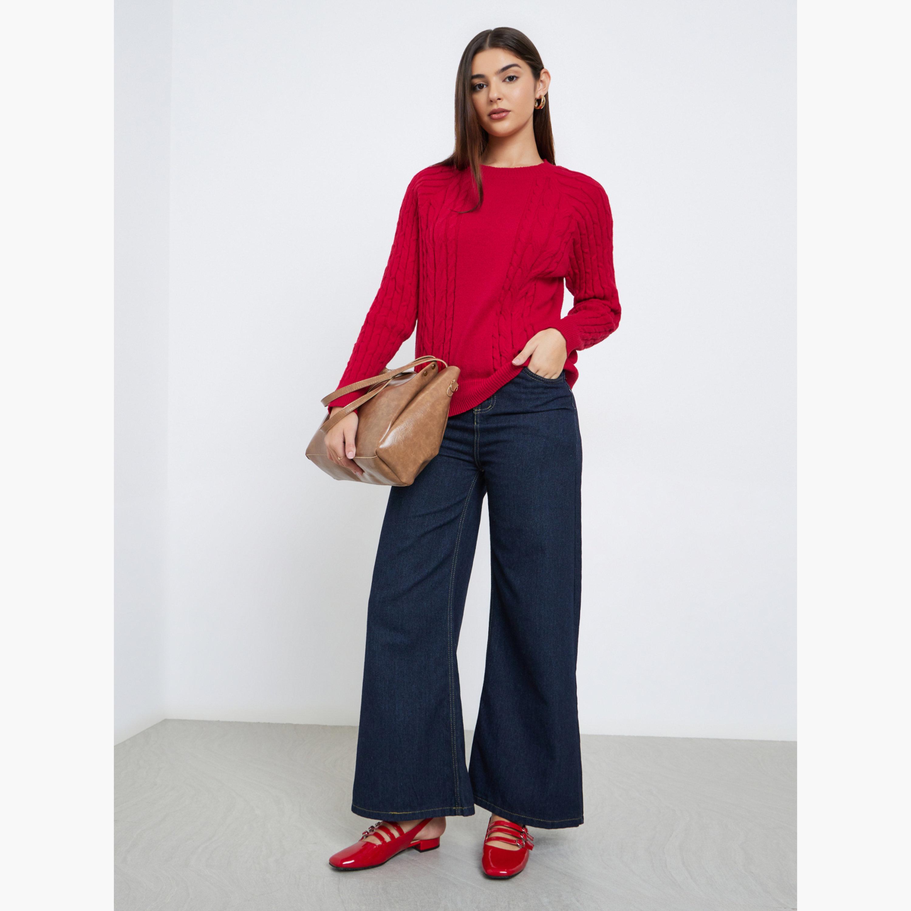 Styli Women Red Regular Fit Cable Knit Sweater-women-clothing-cardigansandjumpers-jumpers-image-2