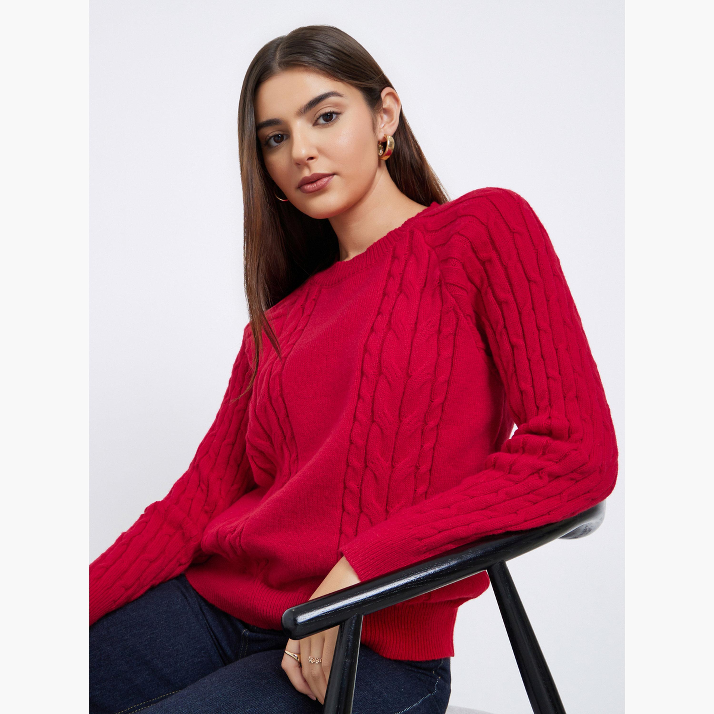 Styli Women Red Regular Fit Cable Knit Sweater-women-clothing-cardigansandjumpers-jumpers-image-3