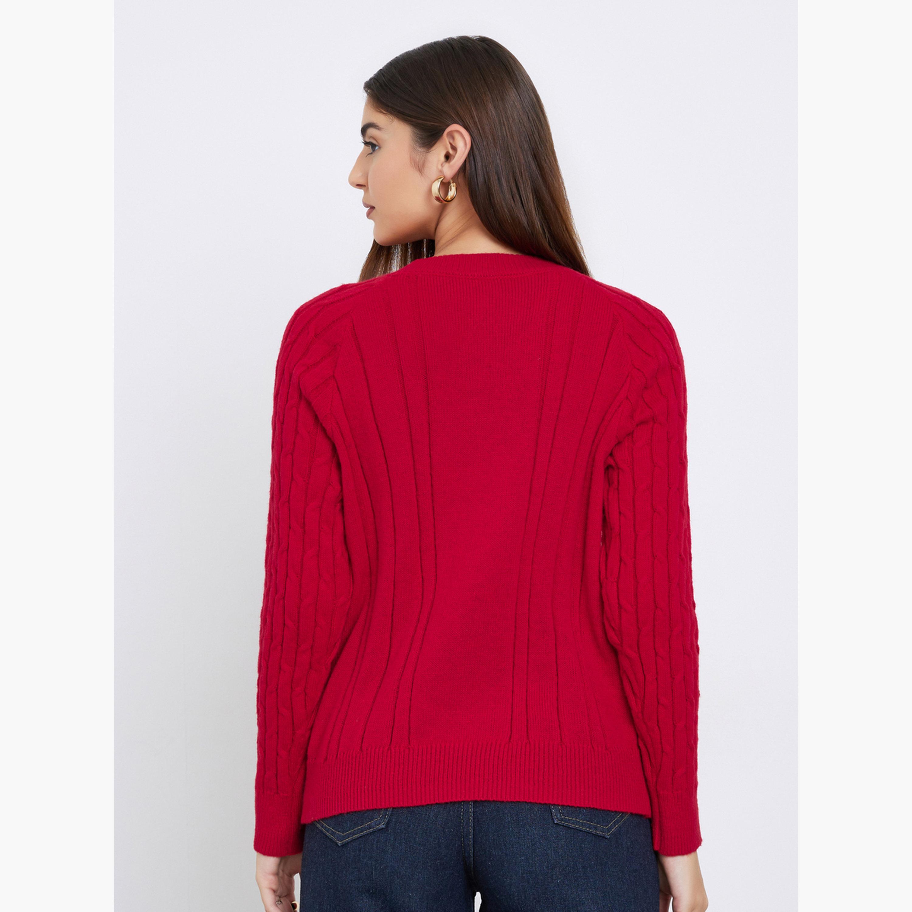 Styli Women Red Regular Fit Cable Knit Sweater-women-clothing-cardigansandjumpers-jumpers-image-4
