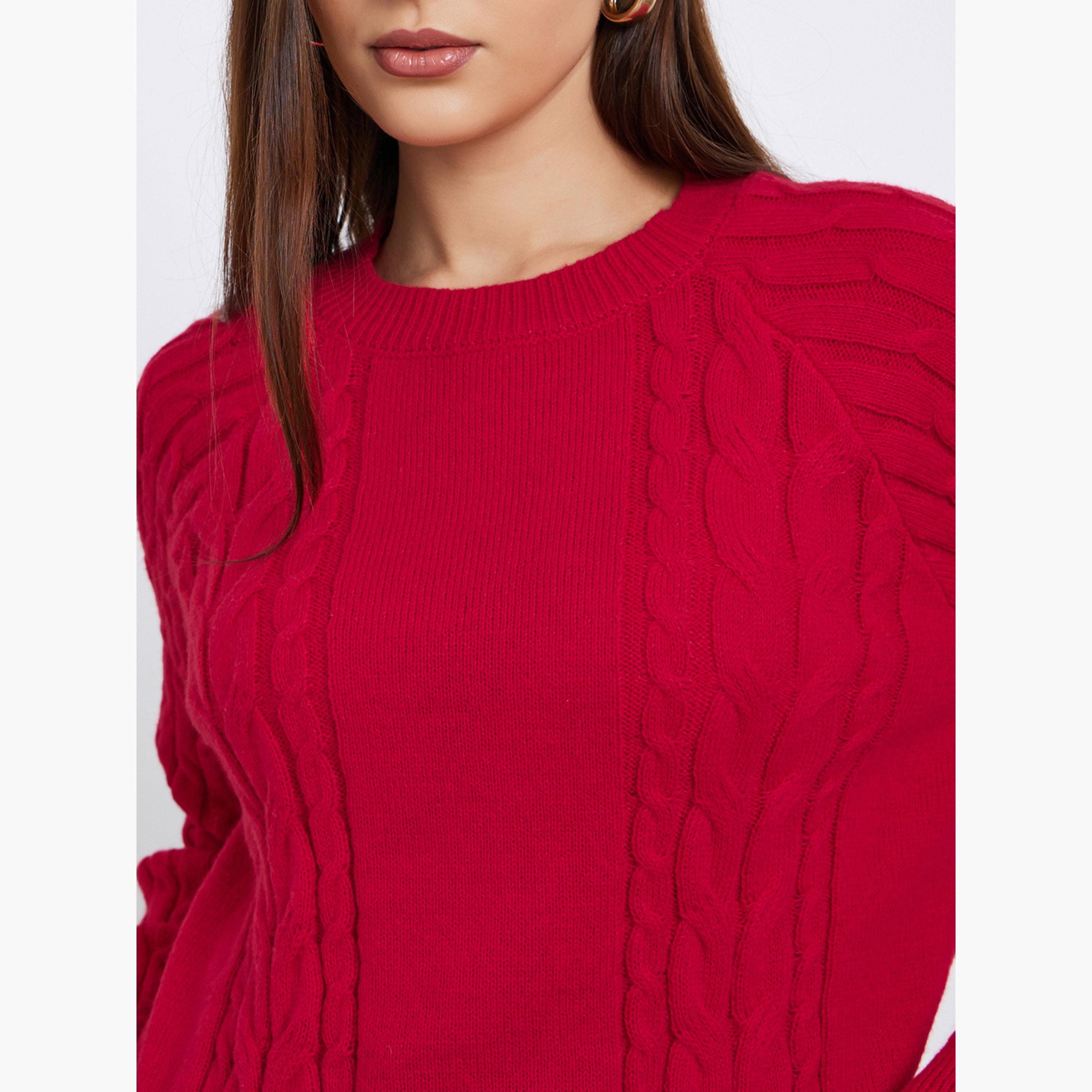 Styli Women Red Regular Fit Cable Knit Sweater-women-clothing-cardigansandjumpers-jumpers-image-5
