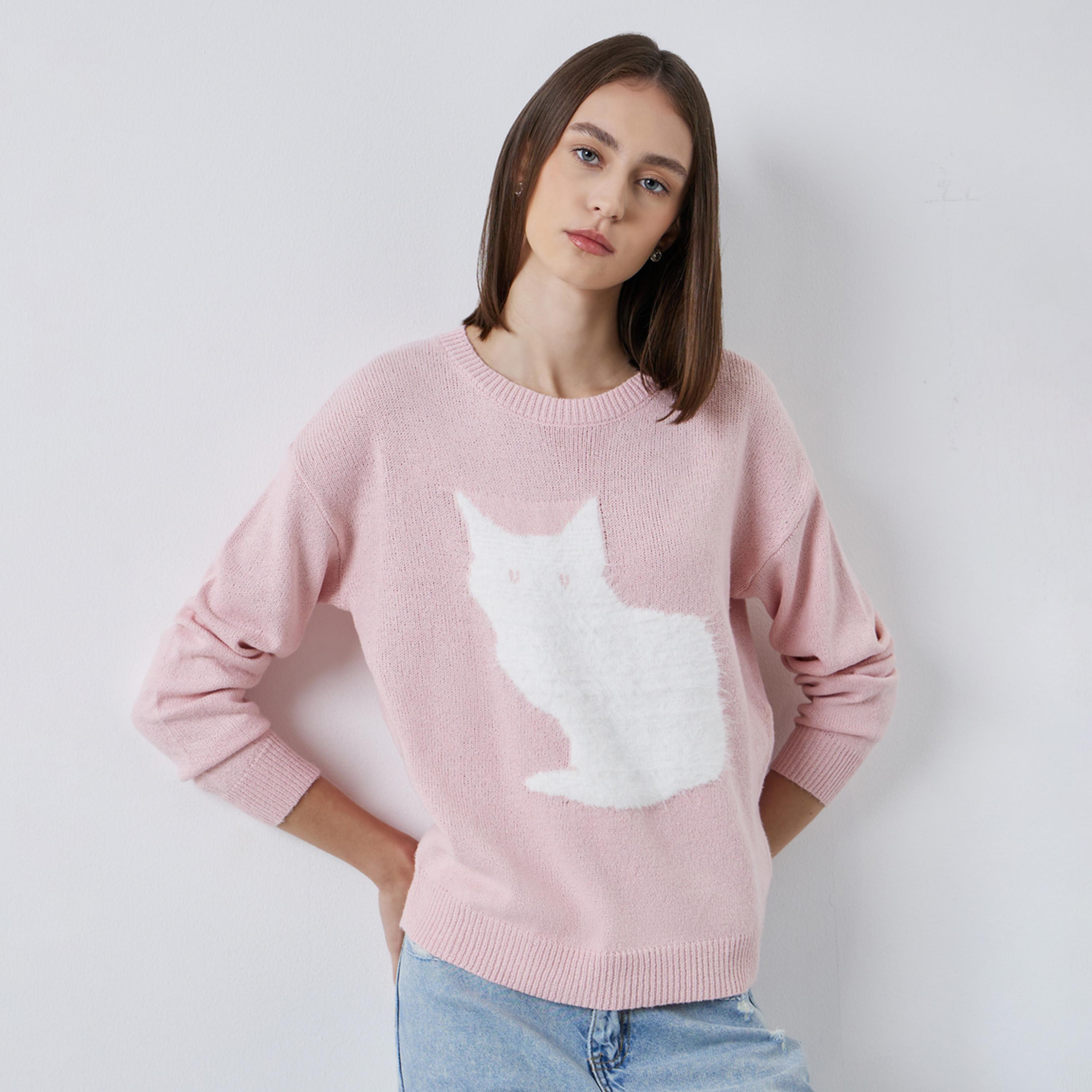 ستايلي - سترة وردية بقصّة عادية ونقشة قطة صغيرة-women-clothing-cardigansandjumpers-jumpers-image-1