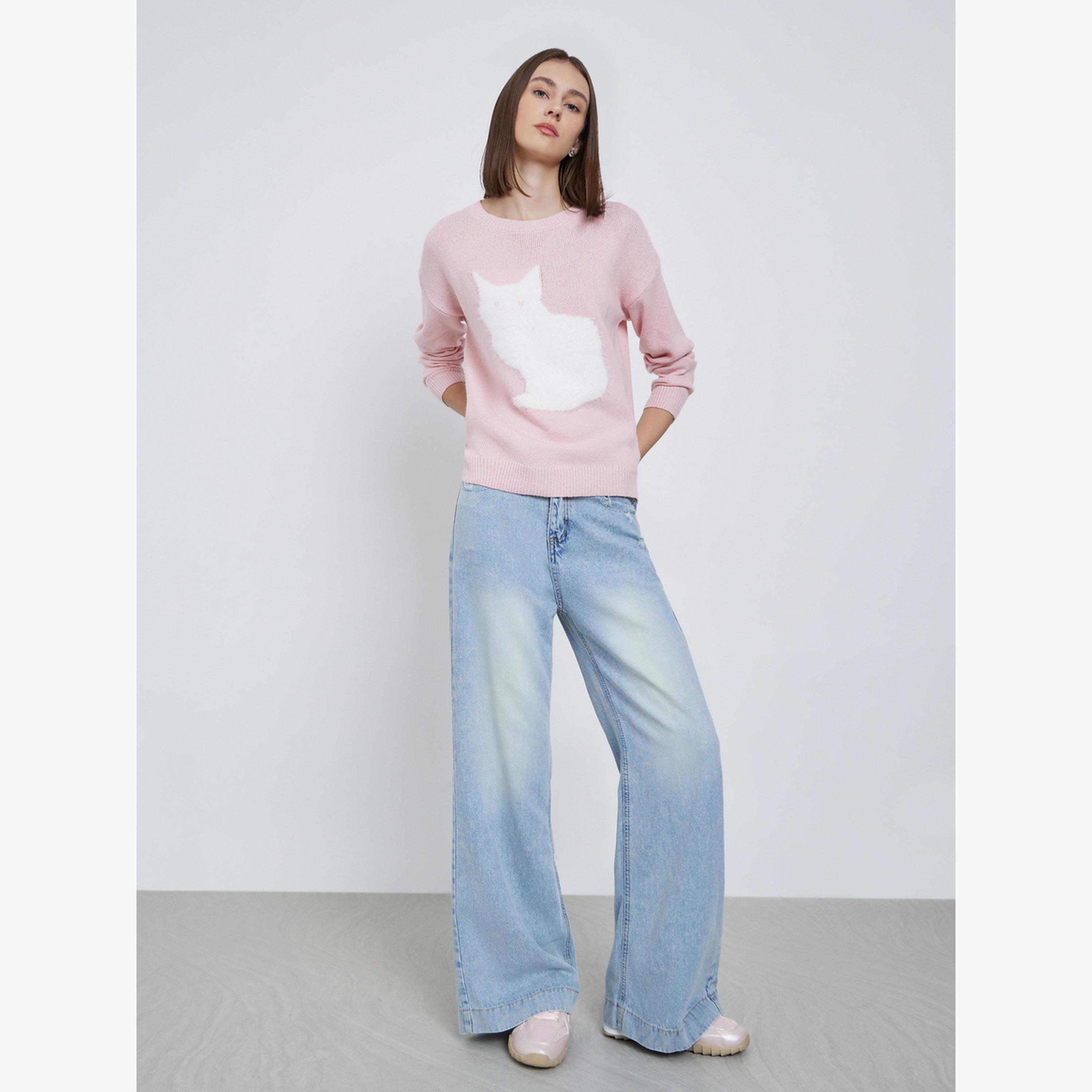ستايلي - سترة وردية بقصّة عادية ونقشة قطة صغيرة-women-clothing-cardigansandjumpers-jumpers-image-2