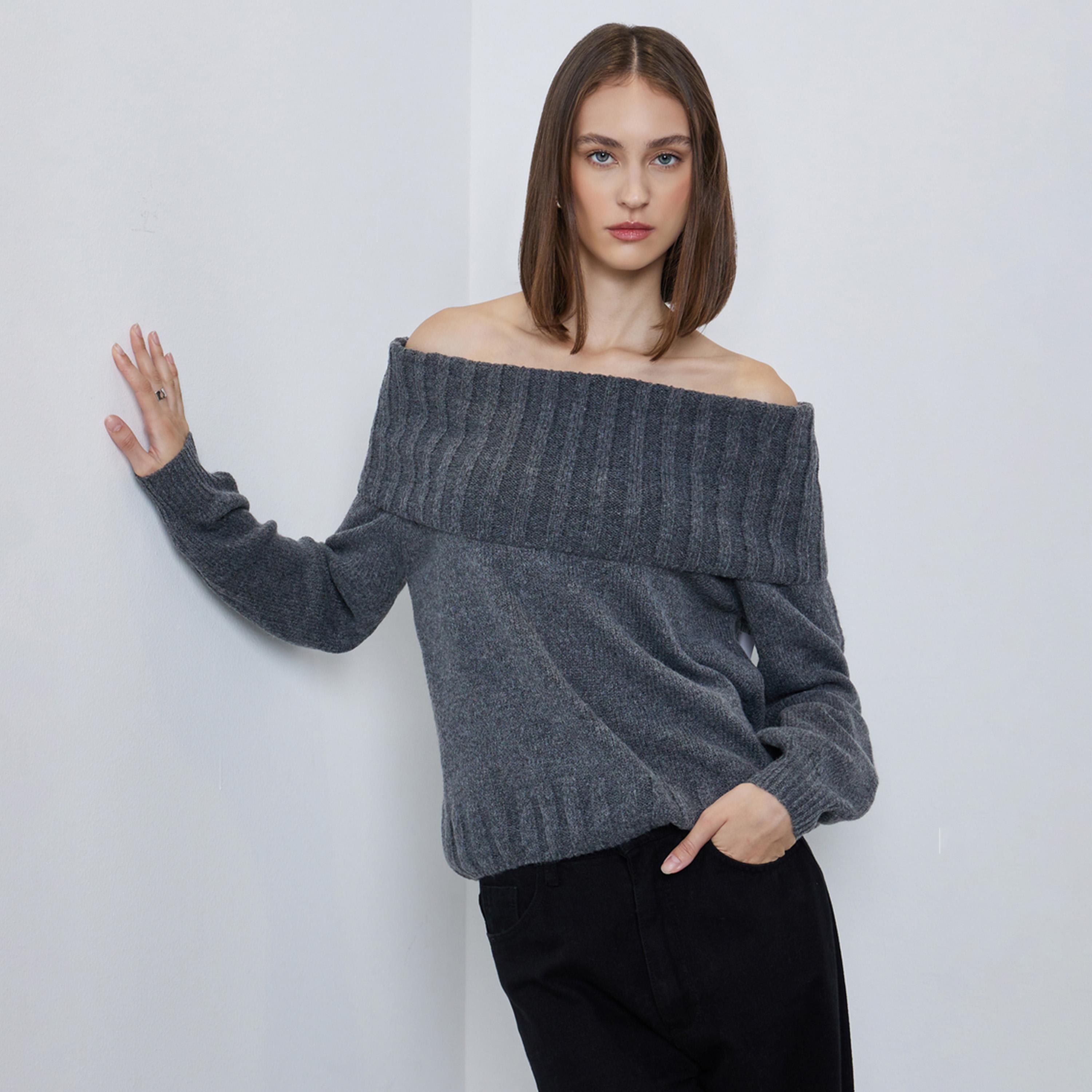 Styli Women Grey Regular Fit Off Shoulder Flat Knit Sweater-women-clothing-cardigansandjumpers-jumpers-image-1