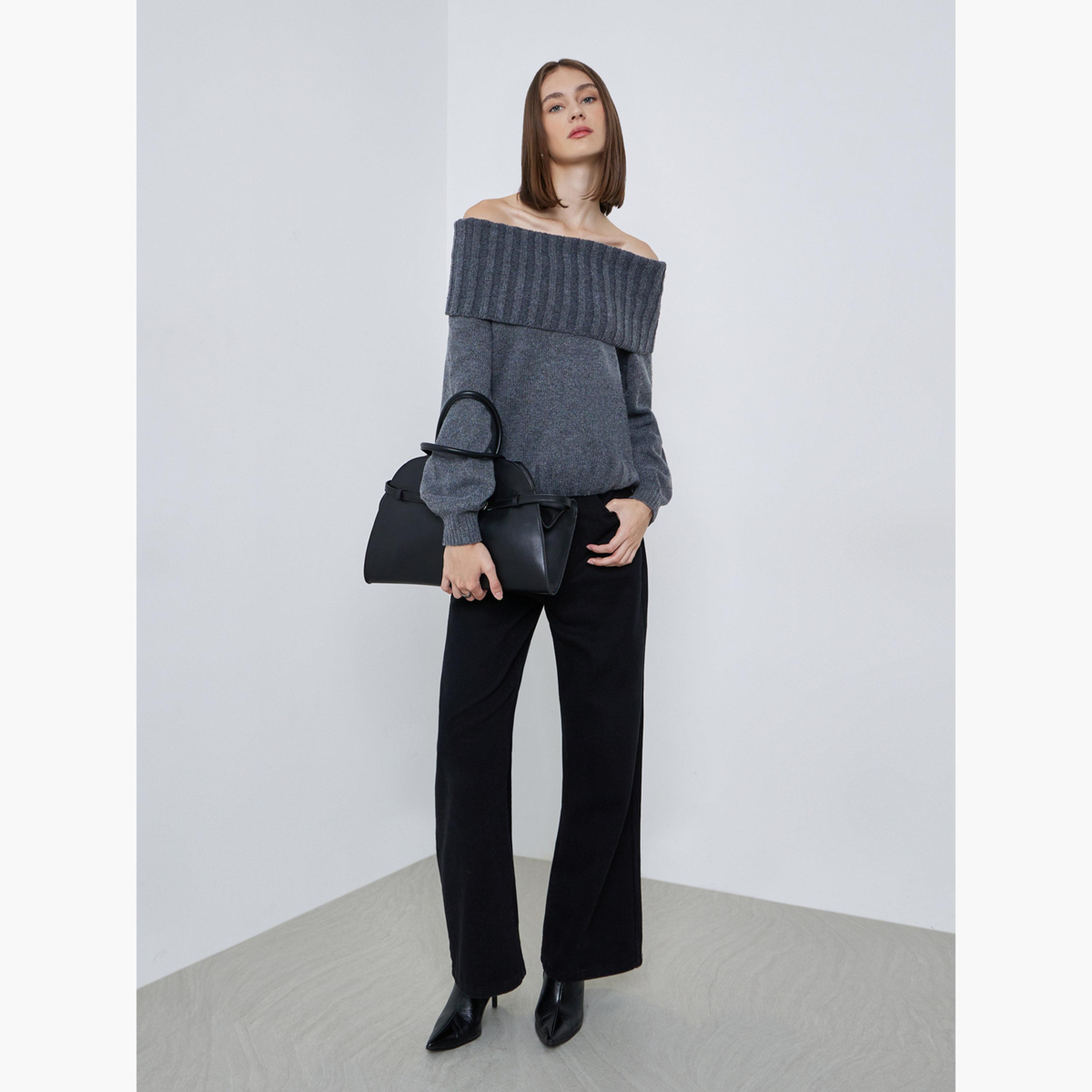 Styli Women Grey Regular Fit Off Shoulder Flat Knit Sweater-women-clothing-cardigansandjumpers-jumpers-image-2