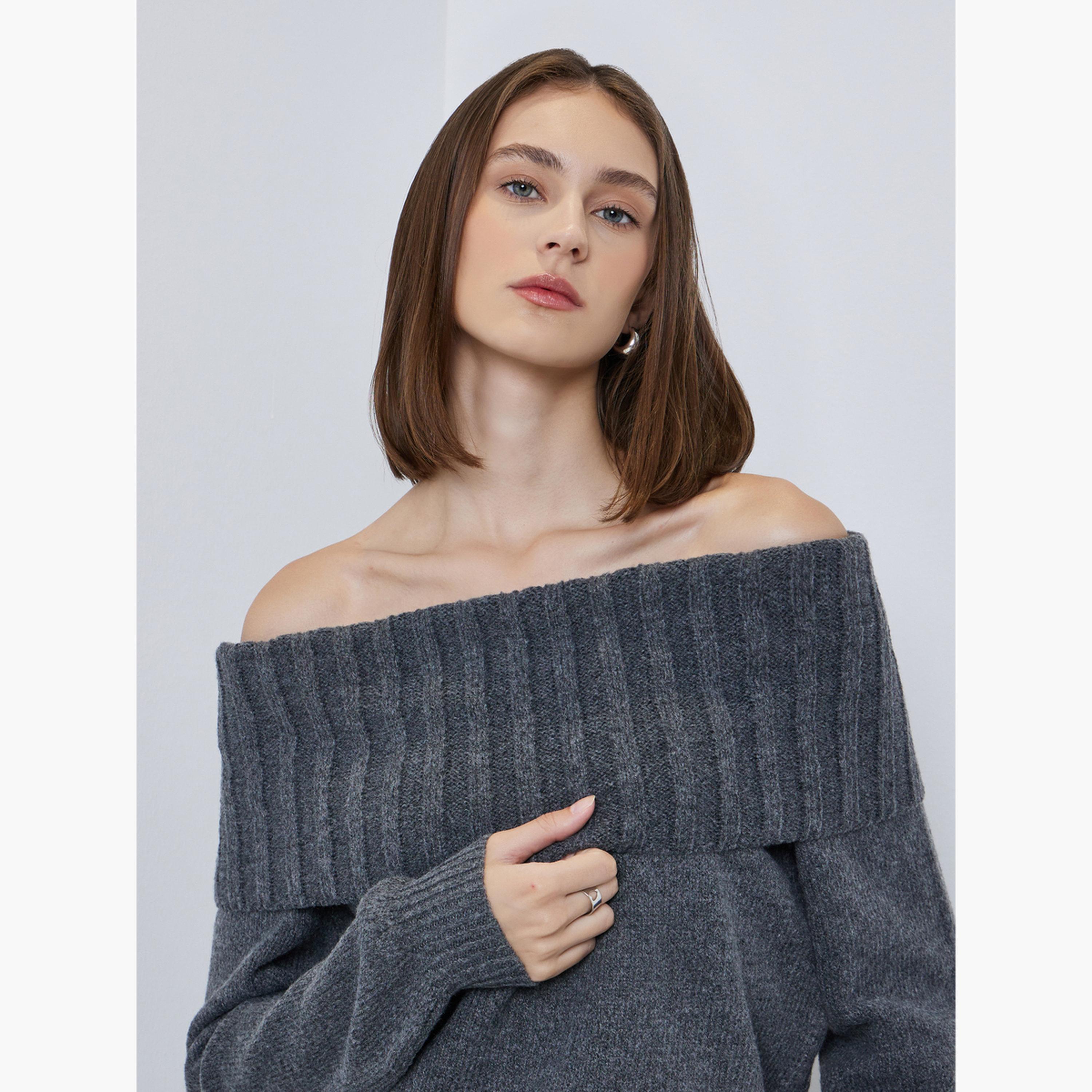 Styli Women Grey Regular Fit Off Shoulder Flat Knit Sweater-women-clothing-cardigansandjumpers-jumpers-image-3