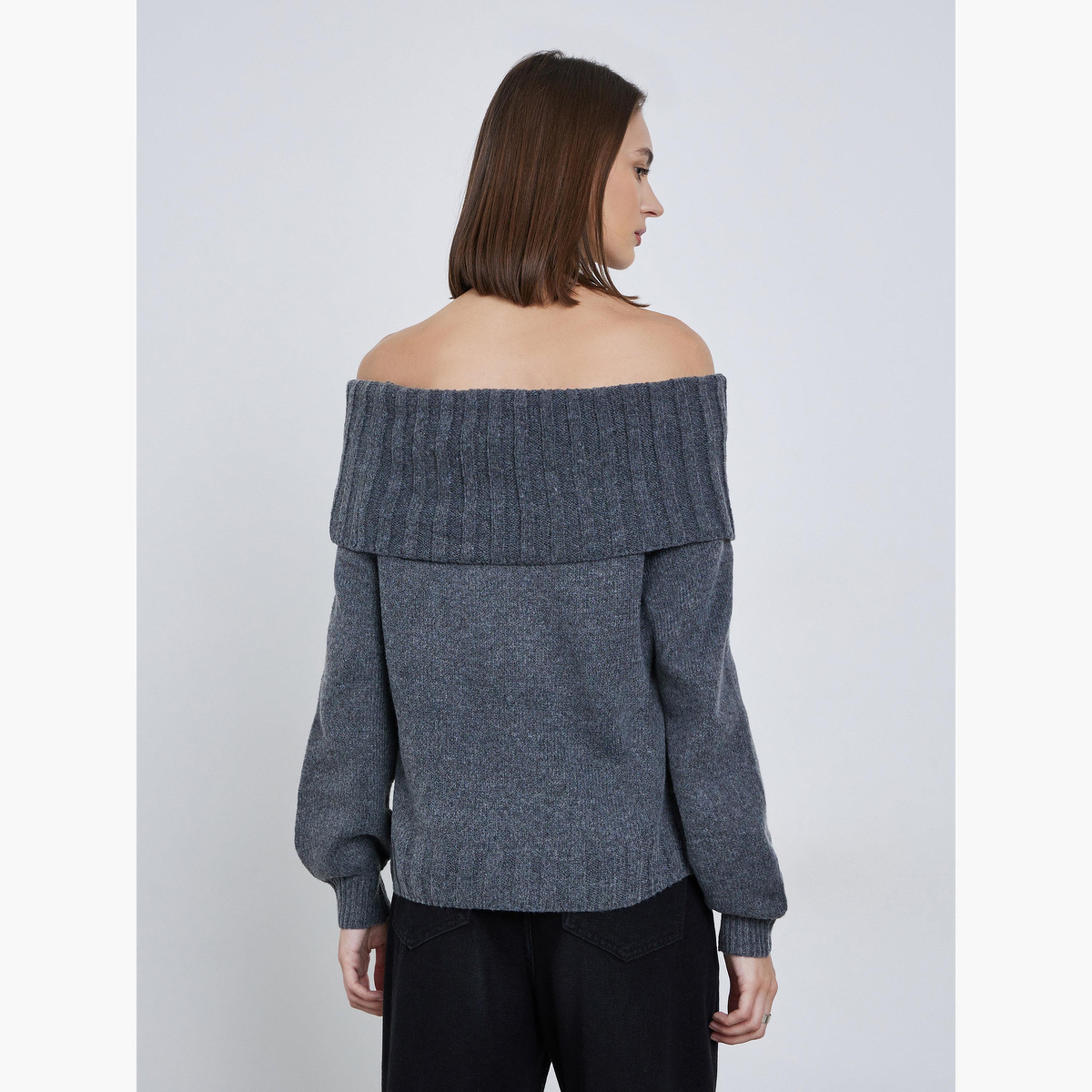 Styli Women Grey Regular Fit Off Shoulder Flat Knit Sweater-women-clothing-cardigansandjumpers-jumpers-image-4