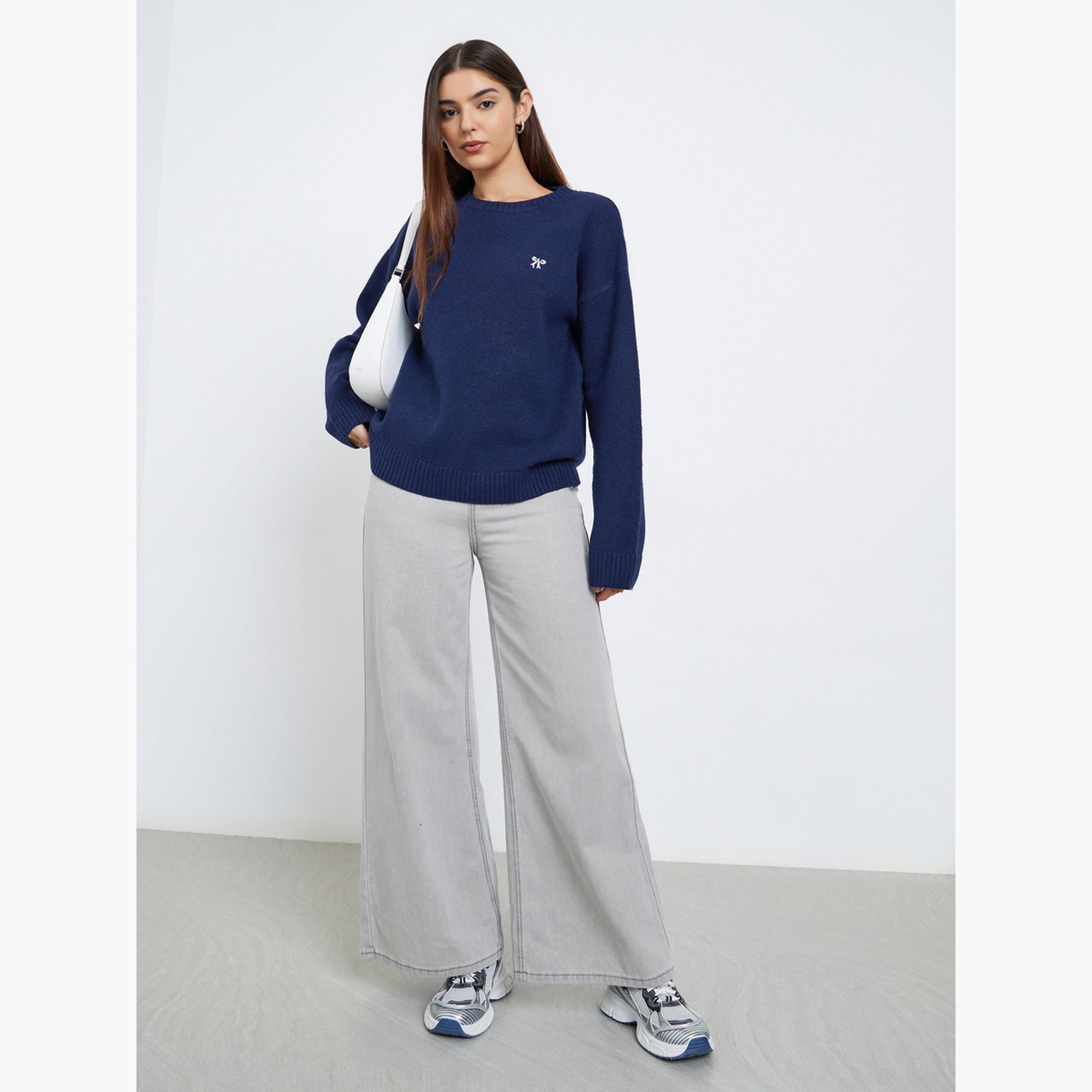 Styli Women Navy Blue Regular Fit Knitted Sweater-women-clothing-cardigansandjumpers-jumpers-image-2