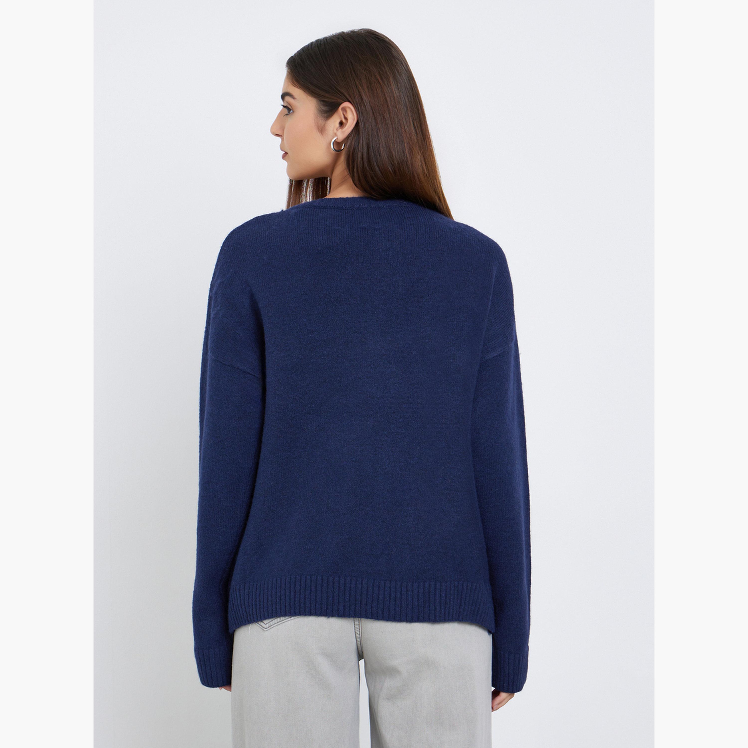 Styli Women Navy Blue Regular Fit Knitted Sweater-women-clothing-cardigansandjumpers-jumpers-image-3