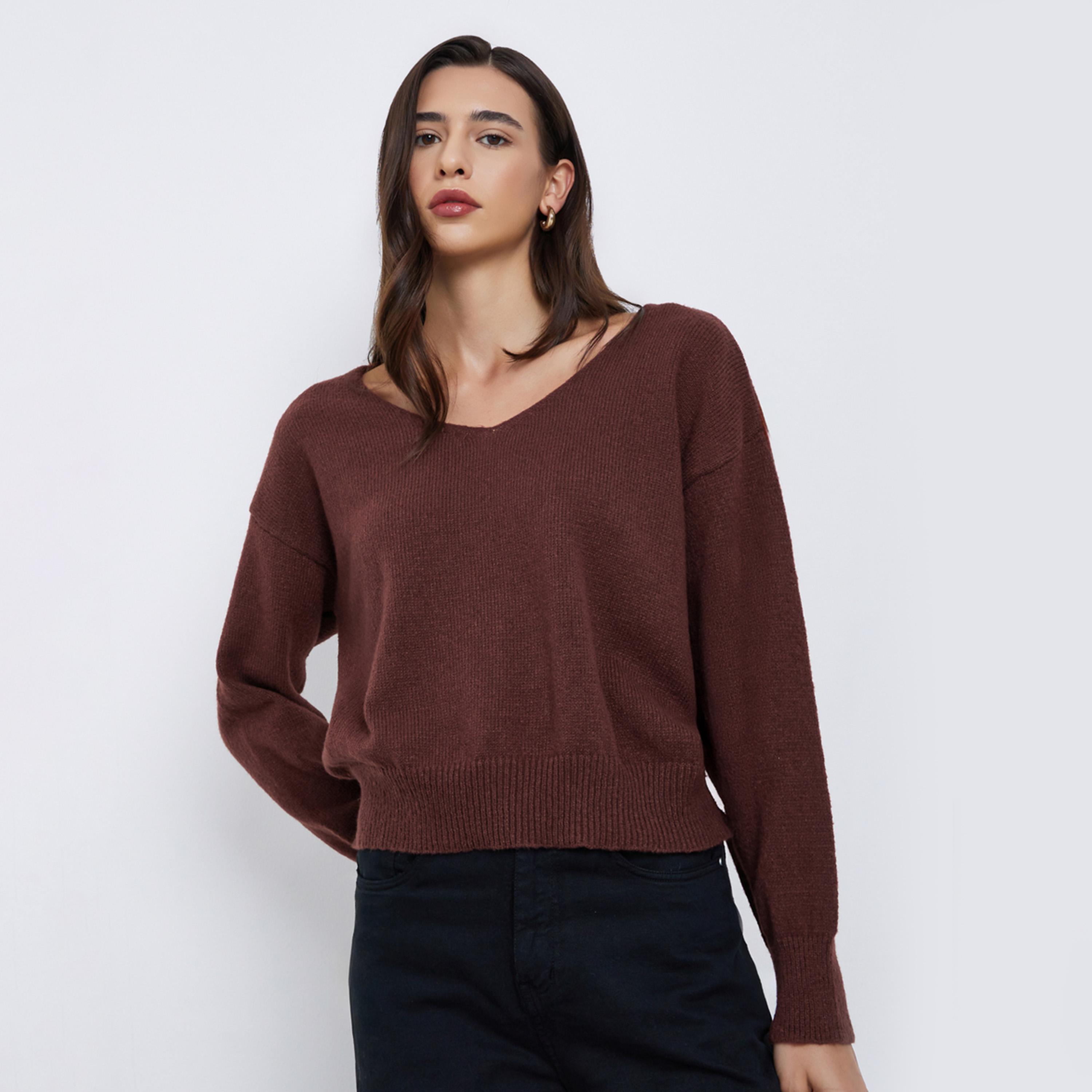 Styli Women Brown Regular Fit V-Neck Sweater-women-clothing-cardigansandjumpers-jumpers-image-1