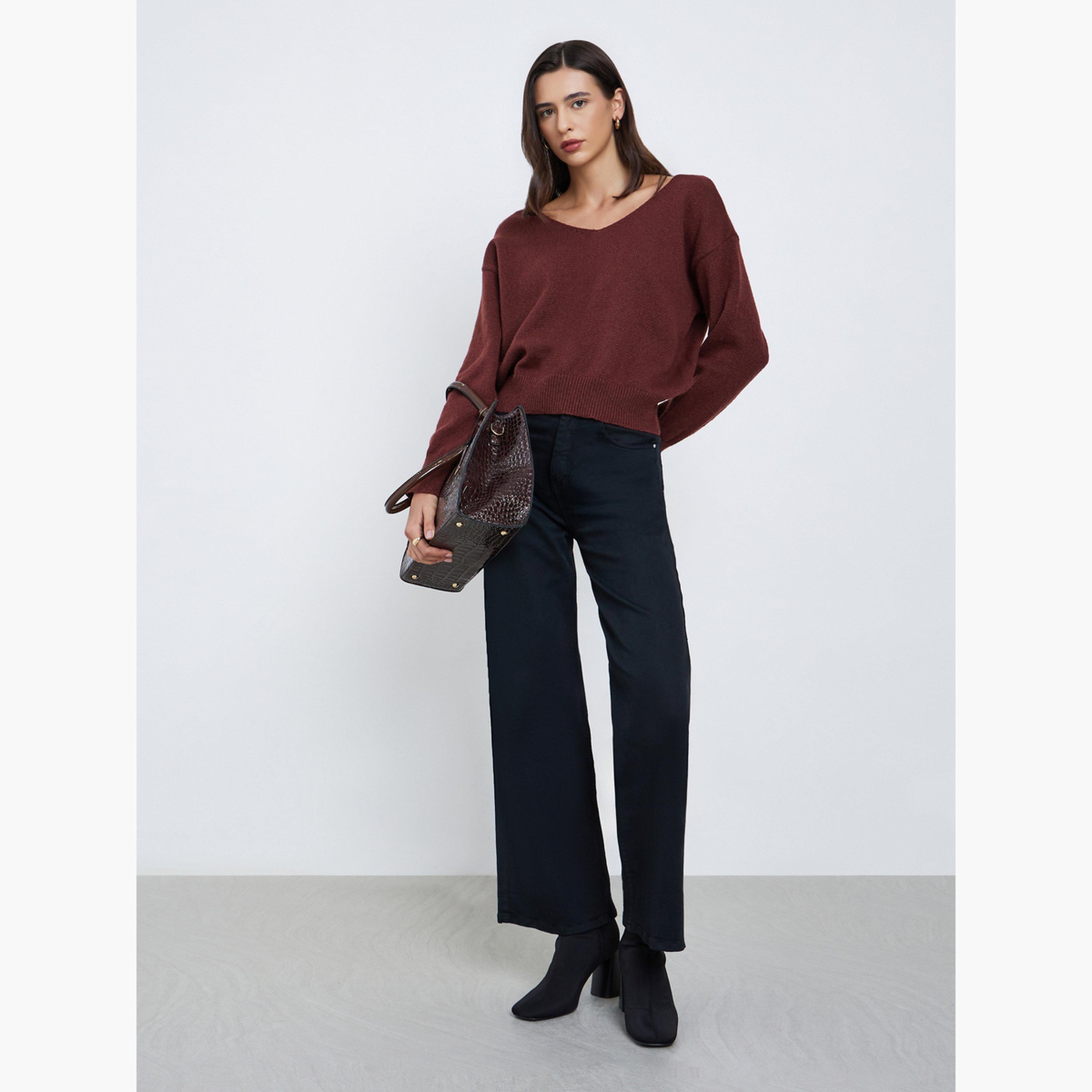 Styli Women Brown Regular Fit V-Neck Sweater-women-clothing-cardigansandjumpers-jumpers-image-2