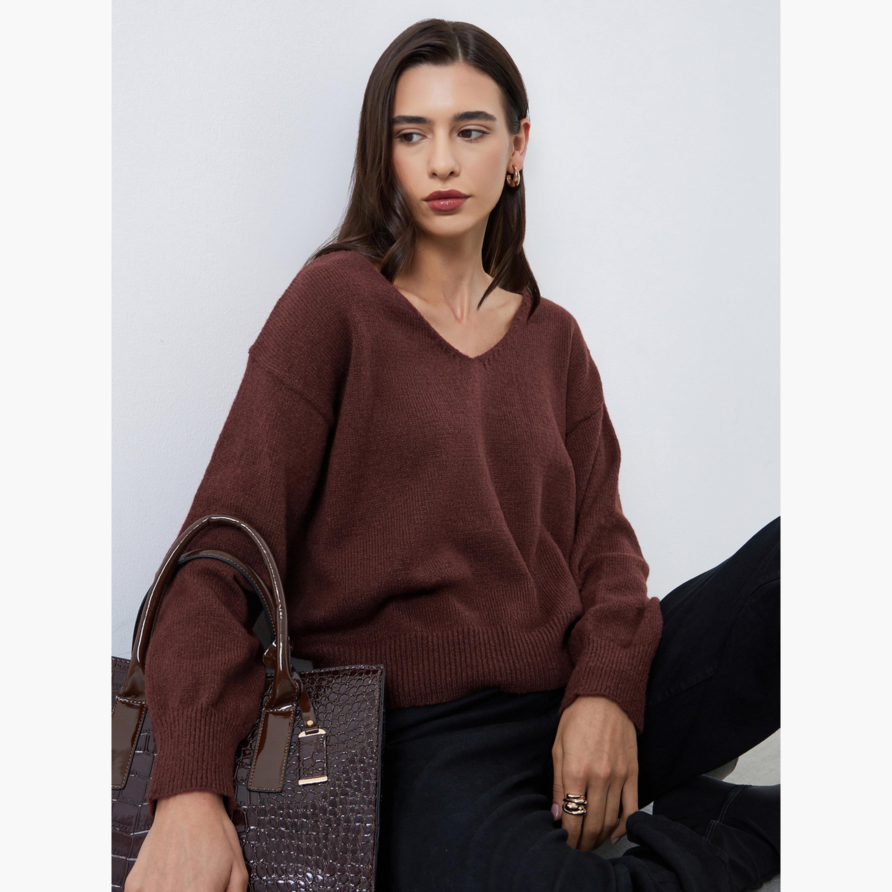Styli Women Brown Regular Fit V-Neck Sweater-women-clothing-cardigansandjumpers-jumpers-image-3