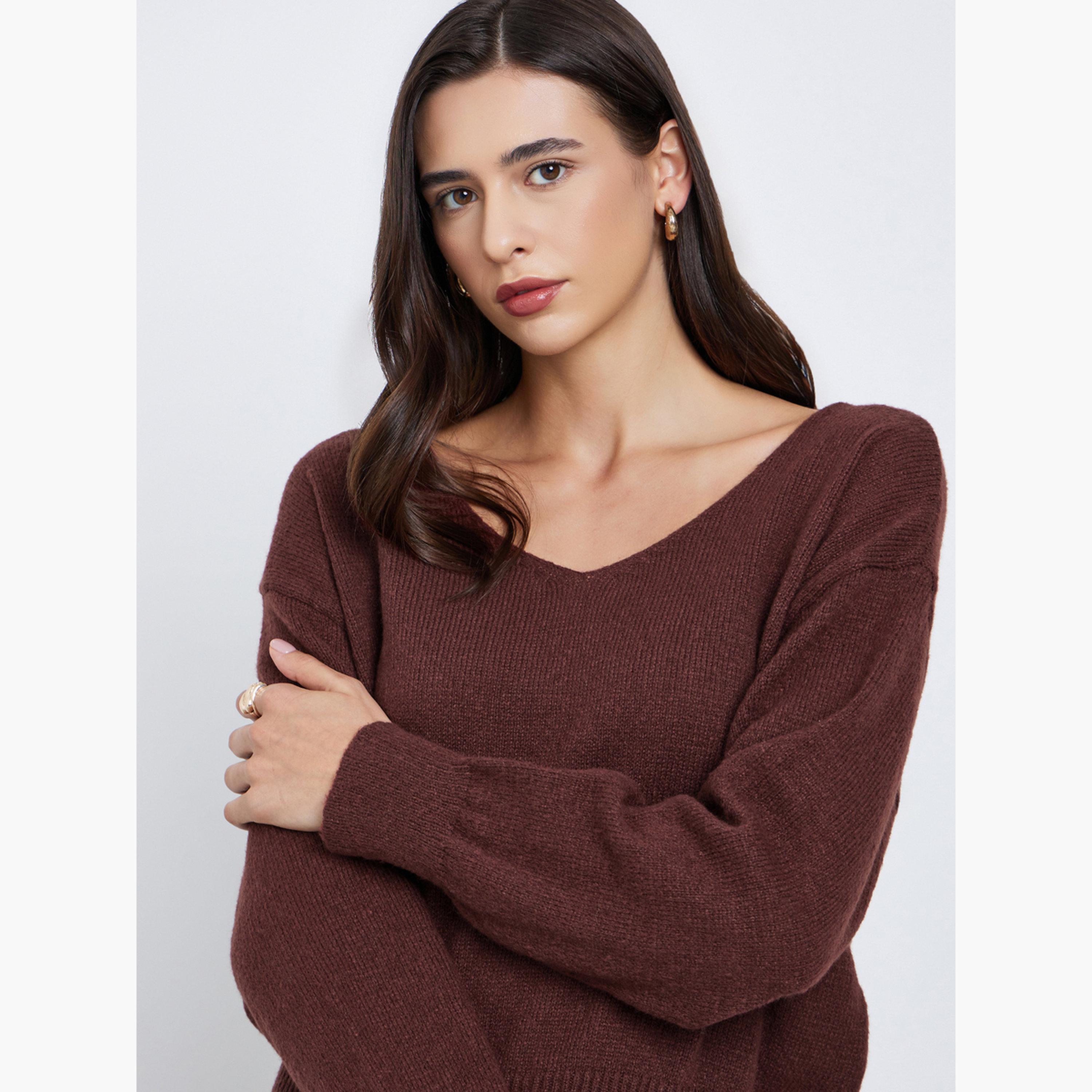 Styli Women Brown Regular Fit V-Neck Sweater-women-clothing-cardigansandjumpers-jumpers-image-4