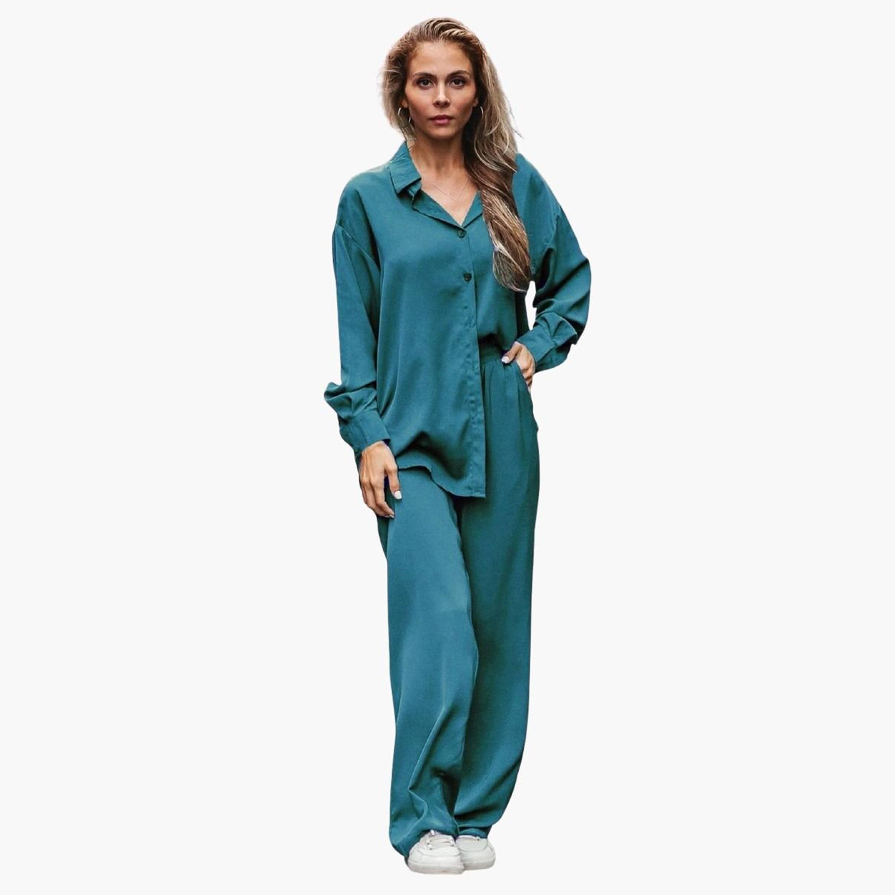 تيك تو - قميص وبنطال كبير الحجم لون أزرق المخضر-women-clothing-coordsets-image-1