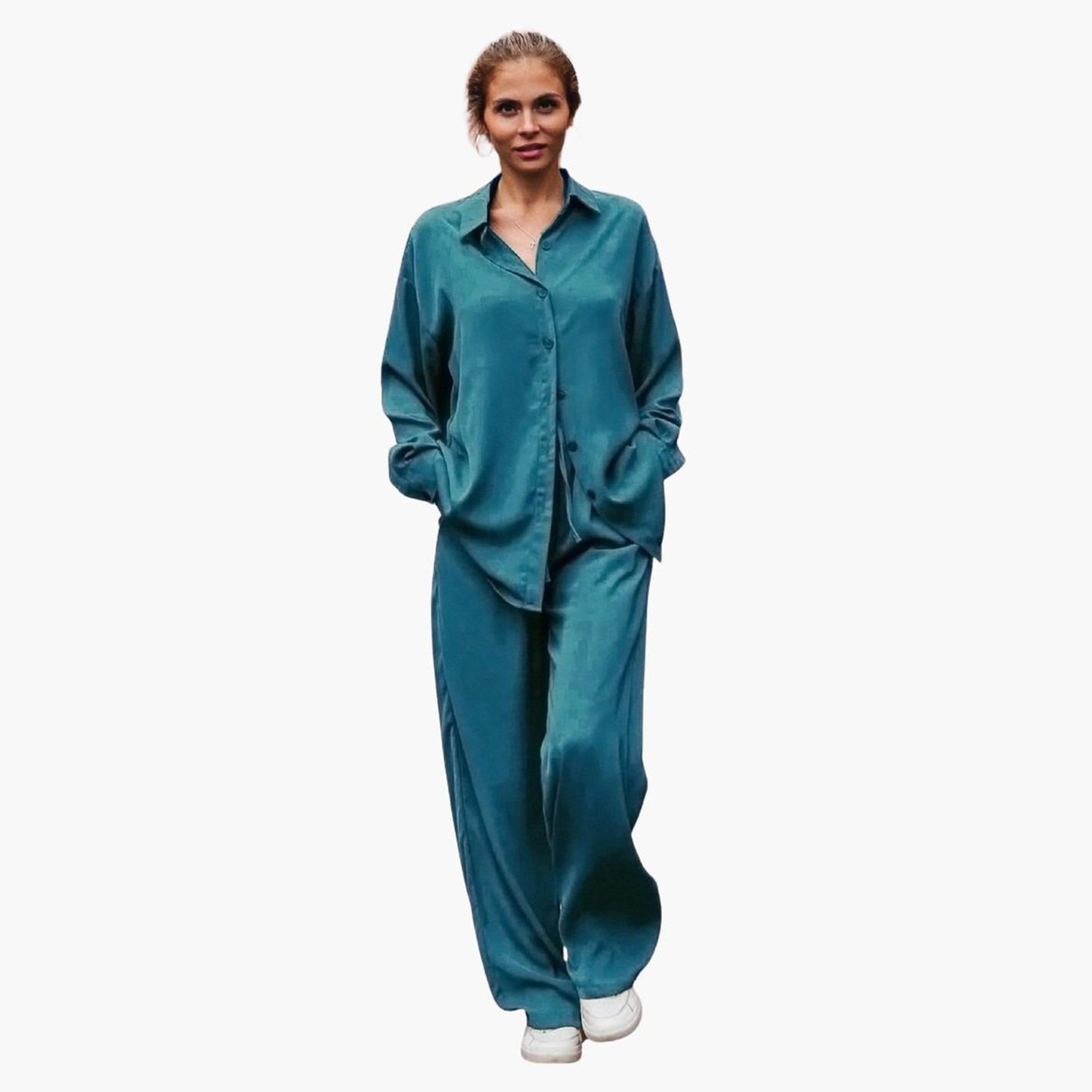 تيك تو - قميص وبنطال كبير الحجم لون أزرق المخضر-women-clothing-coordsets-image-2