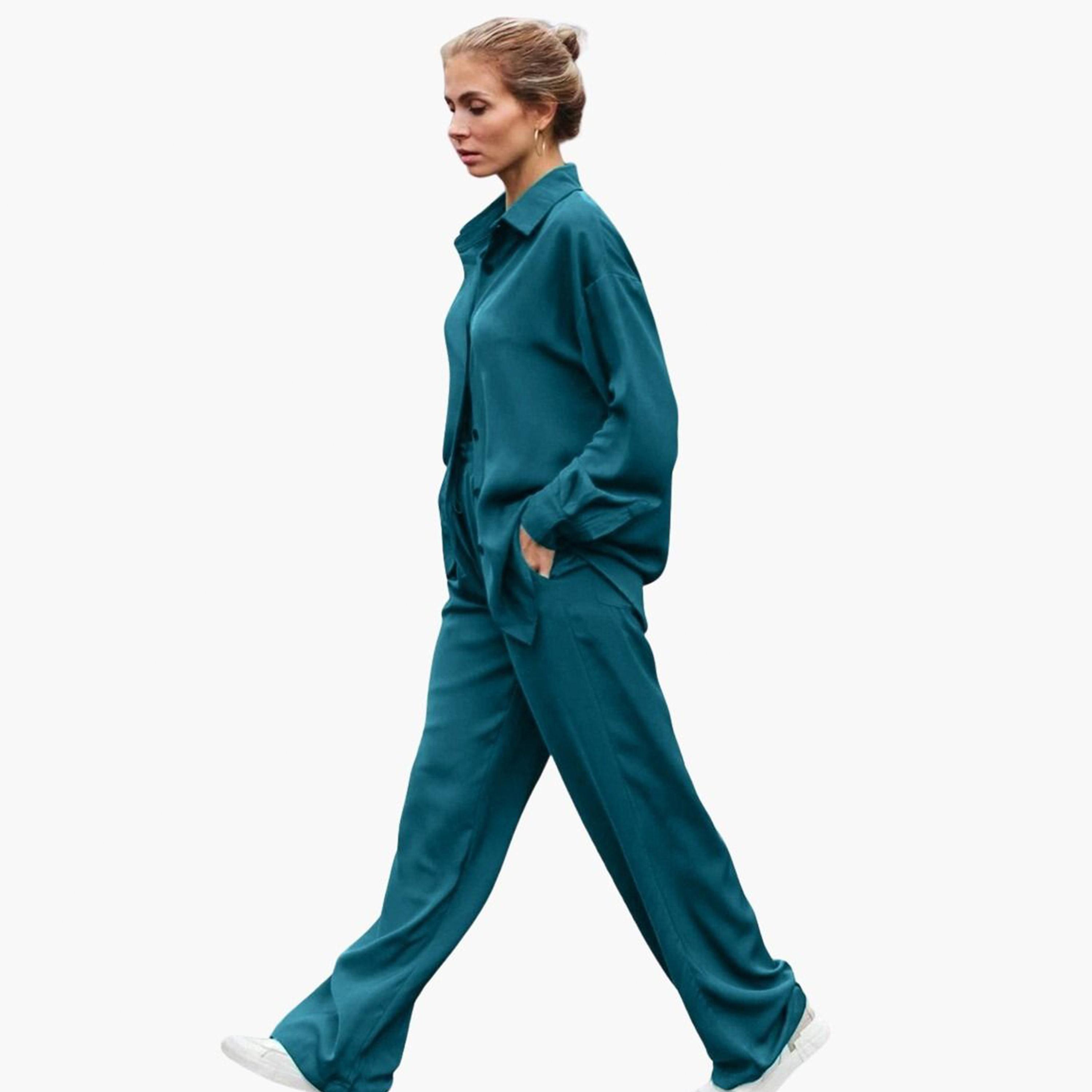 Take Two Teal Oversized Shirt and Trousers Co-Ords-women-clothing-coordsets-image-5