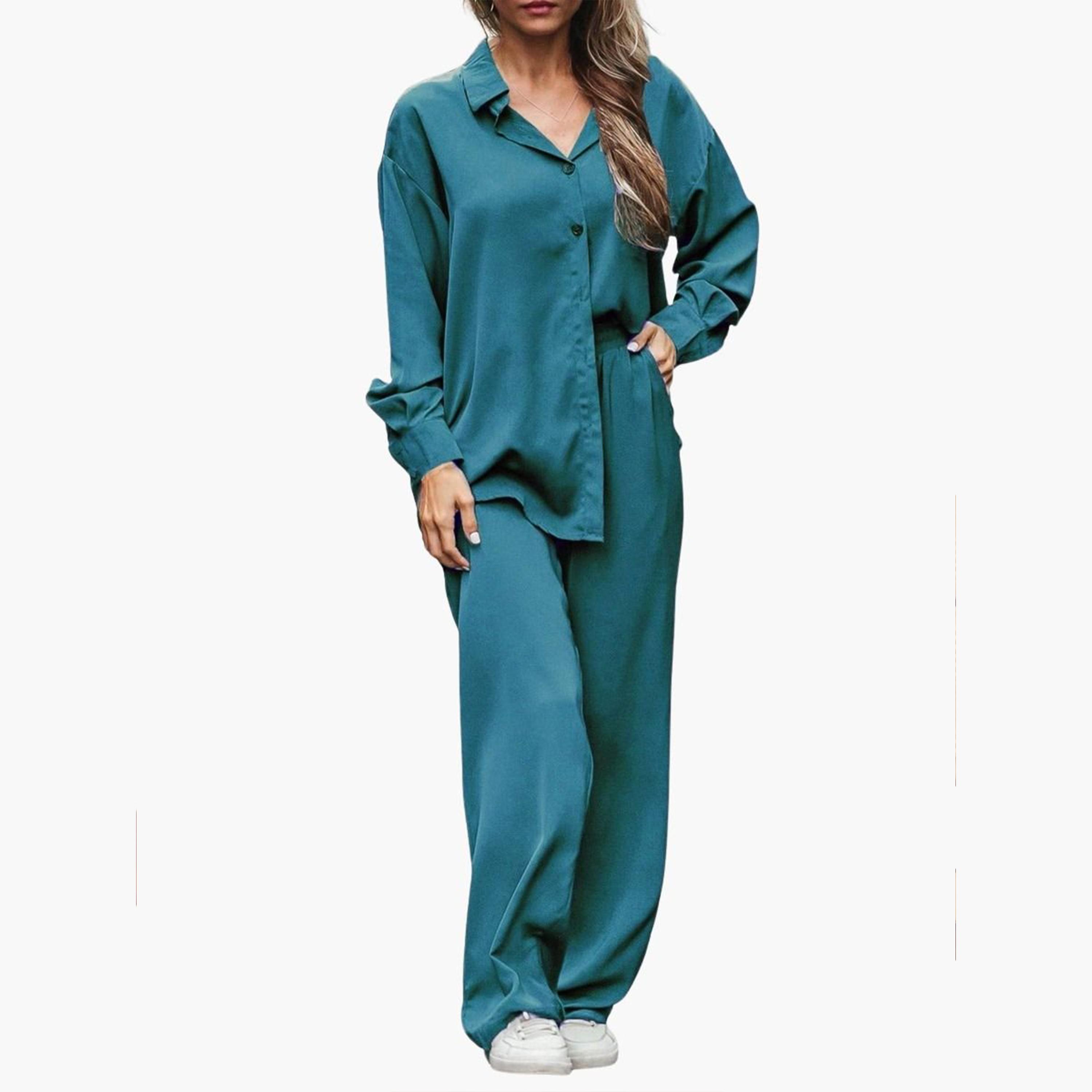 تيك تو - قميص وبنطال كبير الحجم لون أزرق المخضر-women-clothing-coordsets-image-6