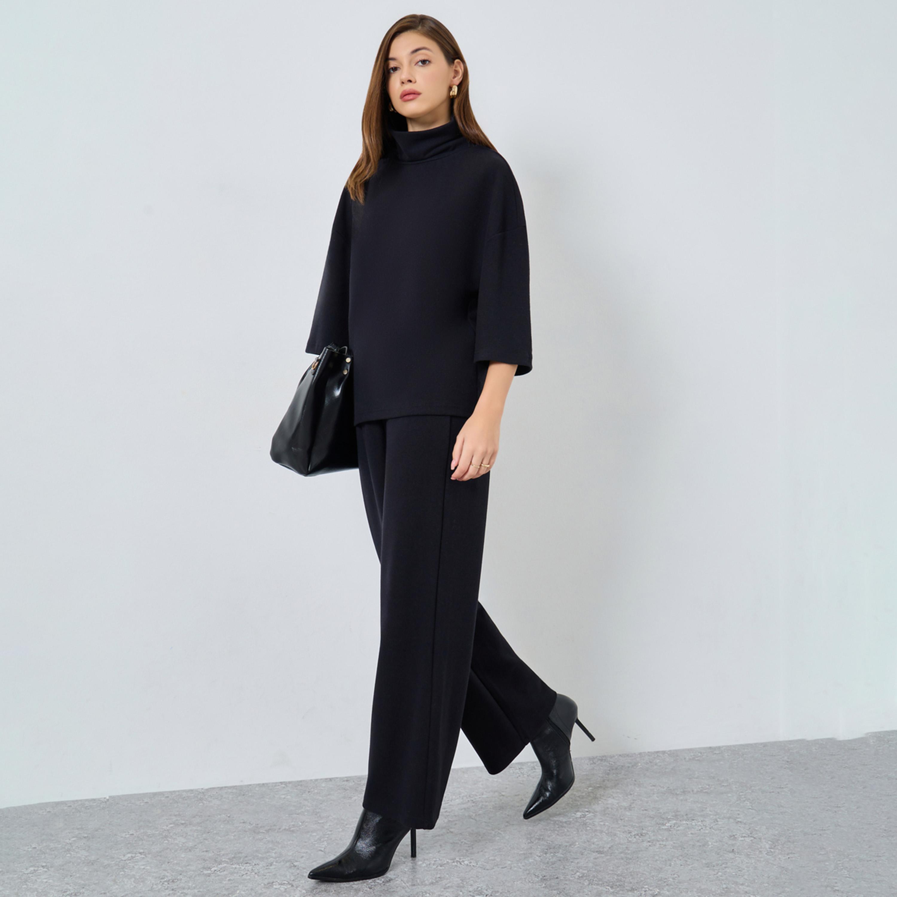 ستايلي - طقم بلوزة وبنطال شتوي محبوك حجم كبير لون أسود-women-clothing-coordsets-image-1