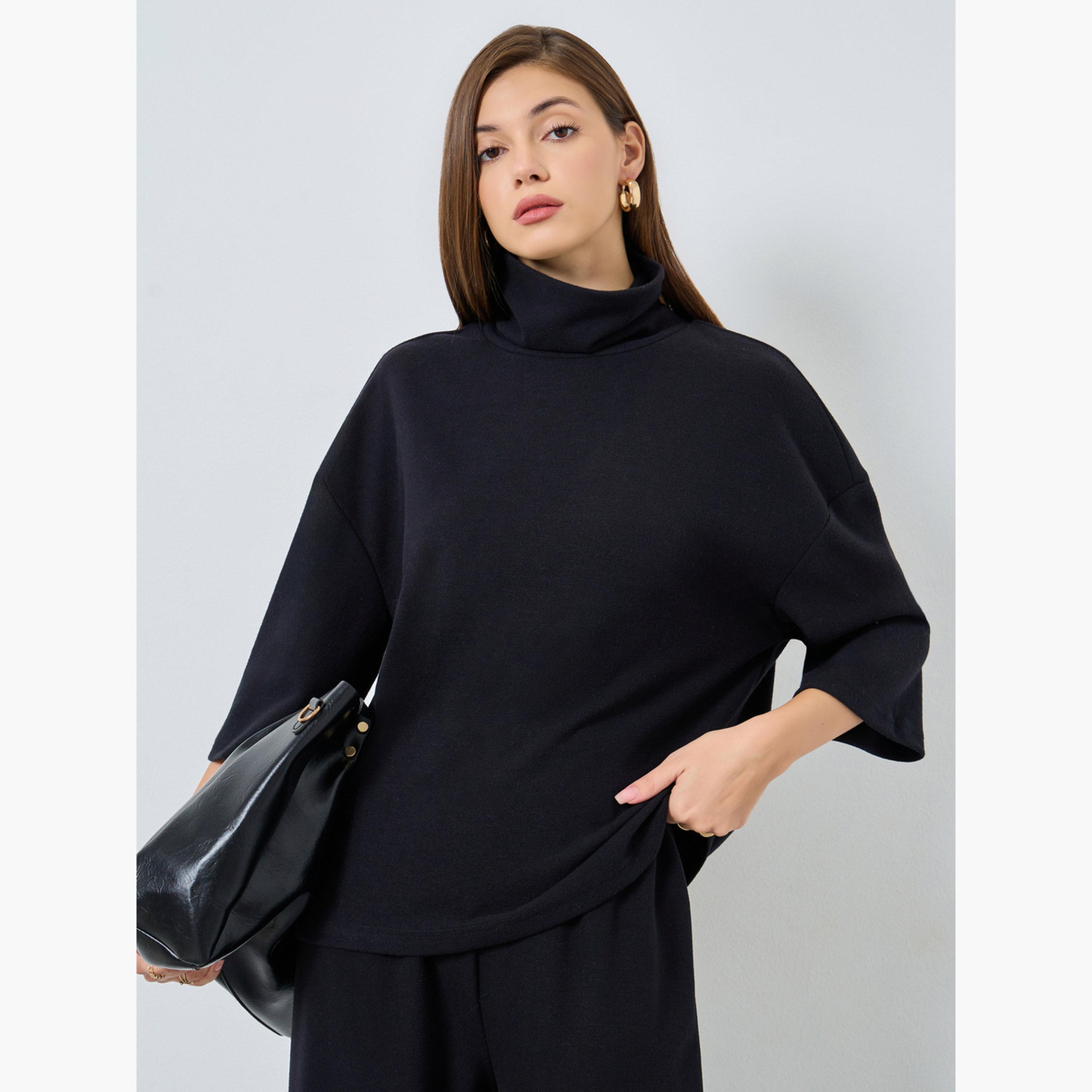 ستايلي - طقم بلوزة وبنطال شتوي محبوك حجم كبير لون أسود-women-clothing-coordsets-image-2