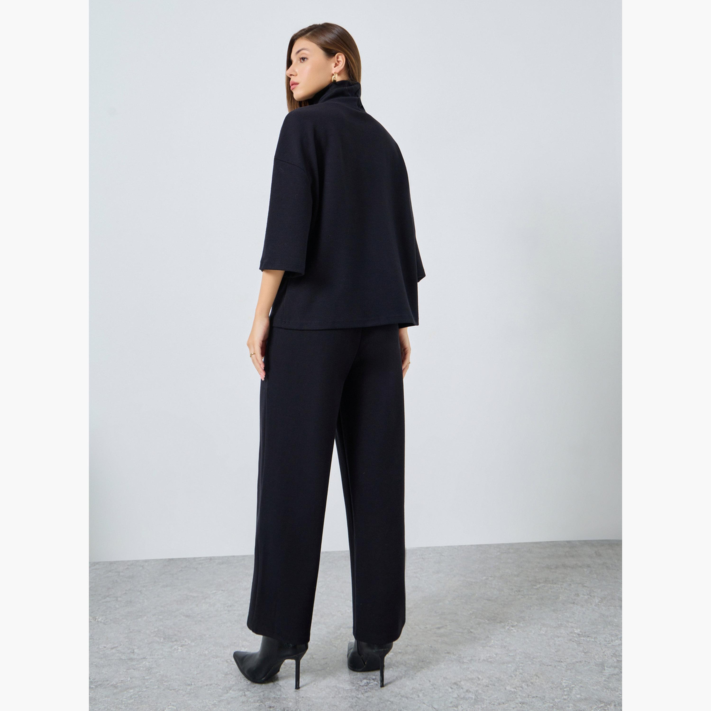 ستايلي - طقم بلوزة وبنطال شتوي محبوك حجم كبير لون أسود-women-clothing-coordsets-image-4