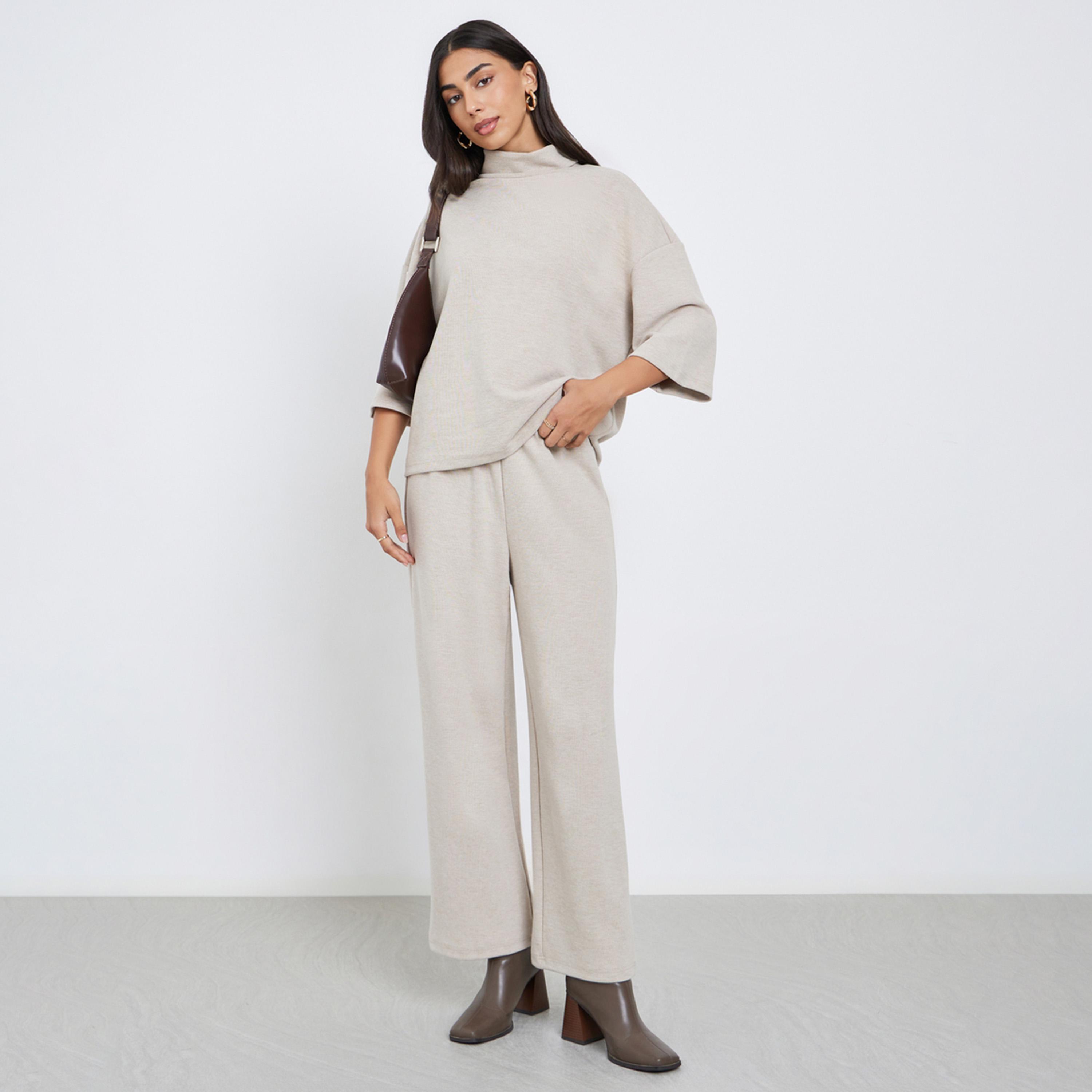 Styli Beige Oversized Winter Knit Top and Pants Co-Ords-women-clothing-coordsets-image-1