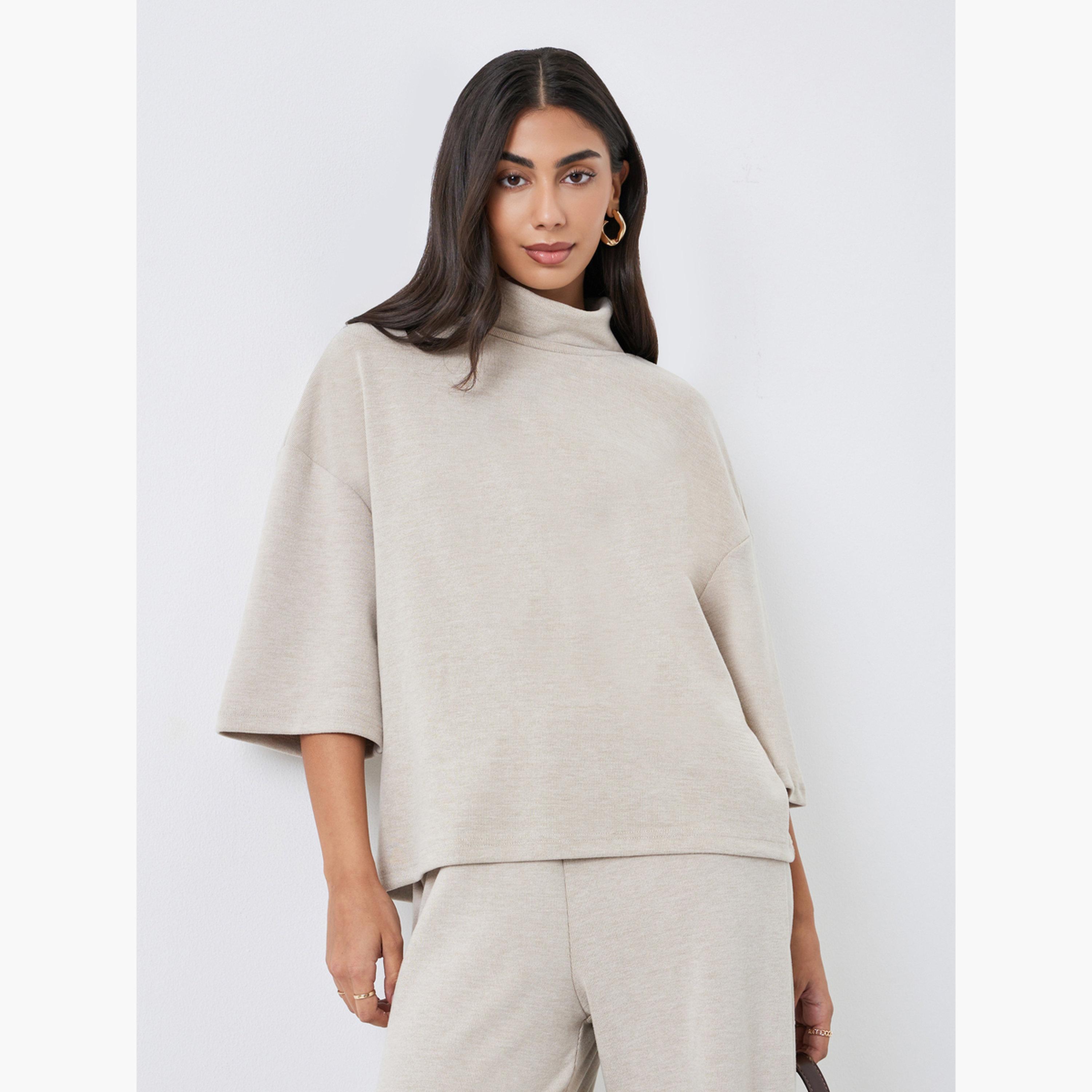 ستايلي - طقم بيج من بلوزة وبنطال شتوي محبوك حجم كبير-women-clothing-coordsets-image-2