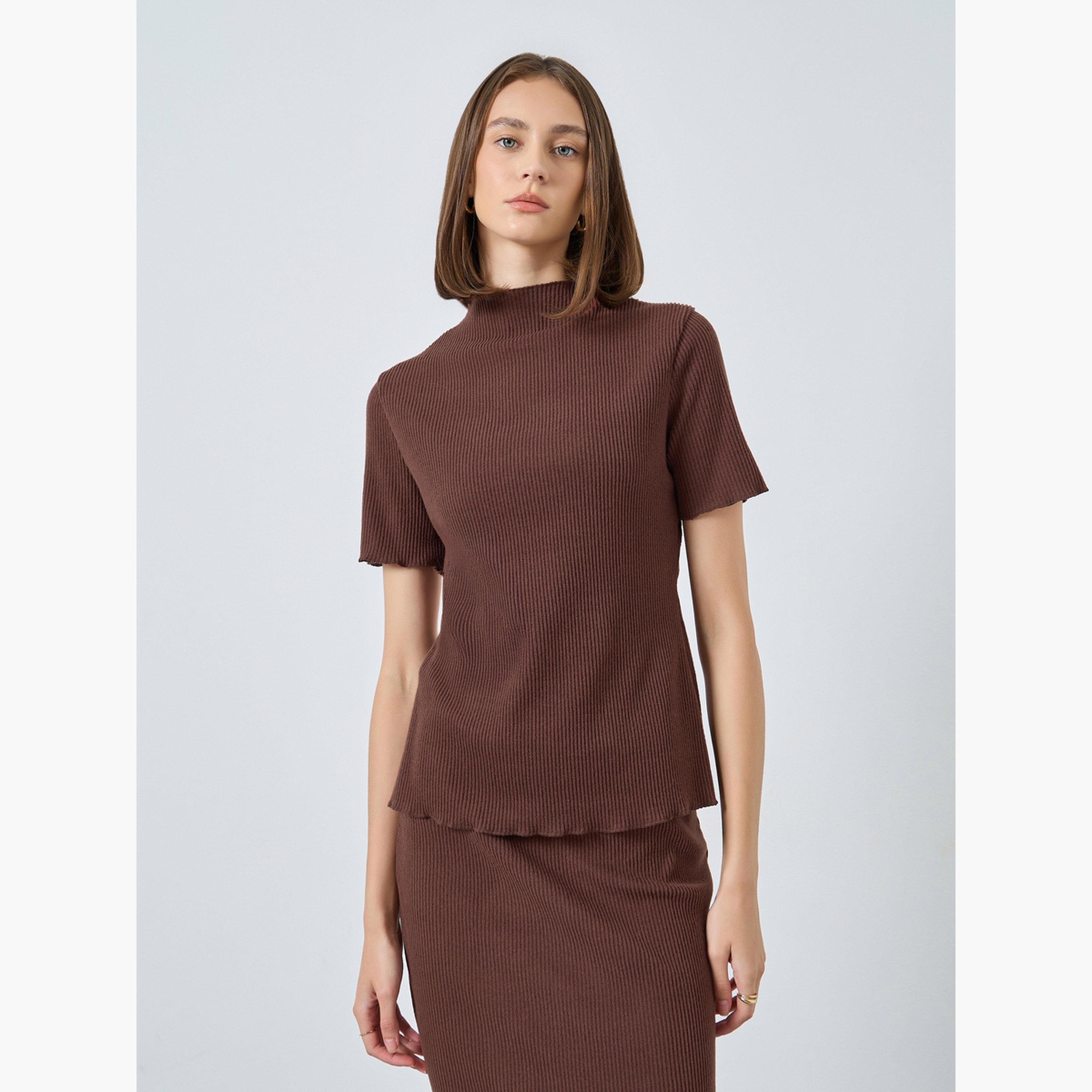 Styli Women Brown Ribbed Knit Top and Skirt Co-ords-women-clothing-coordsets-image-2