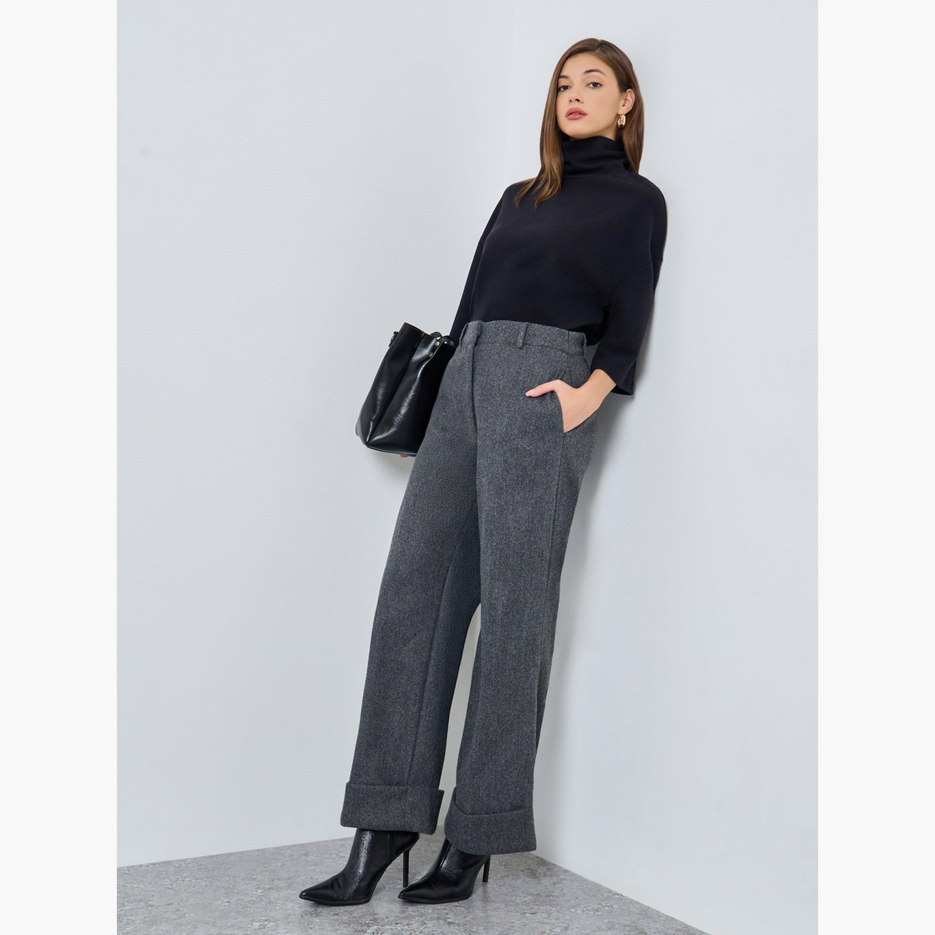 Styli Women Charcoal Wool Like Straight Leg Pants-women-clothing-bottoms-trousers-image-2