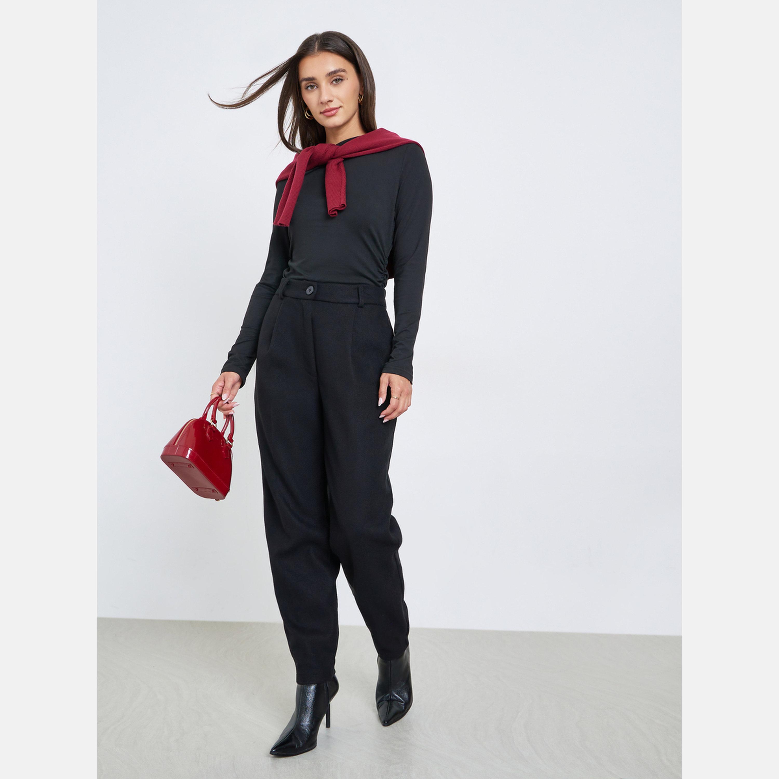 Styli Black Solid Relaxed Fit Trousers-women-clothing-bottoms-trousers-image-2