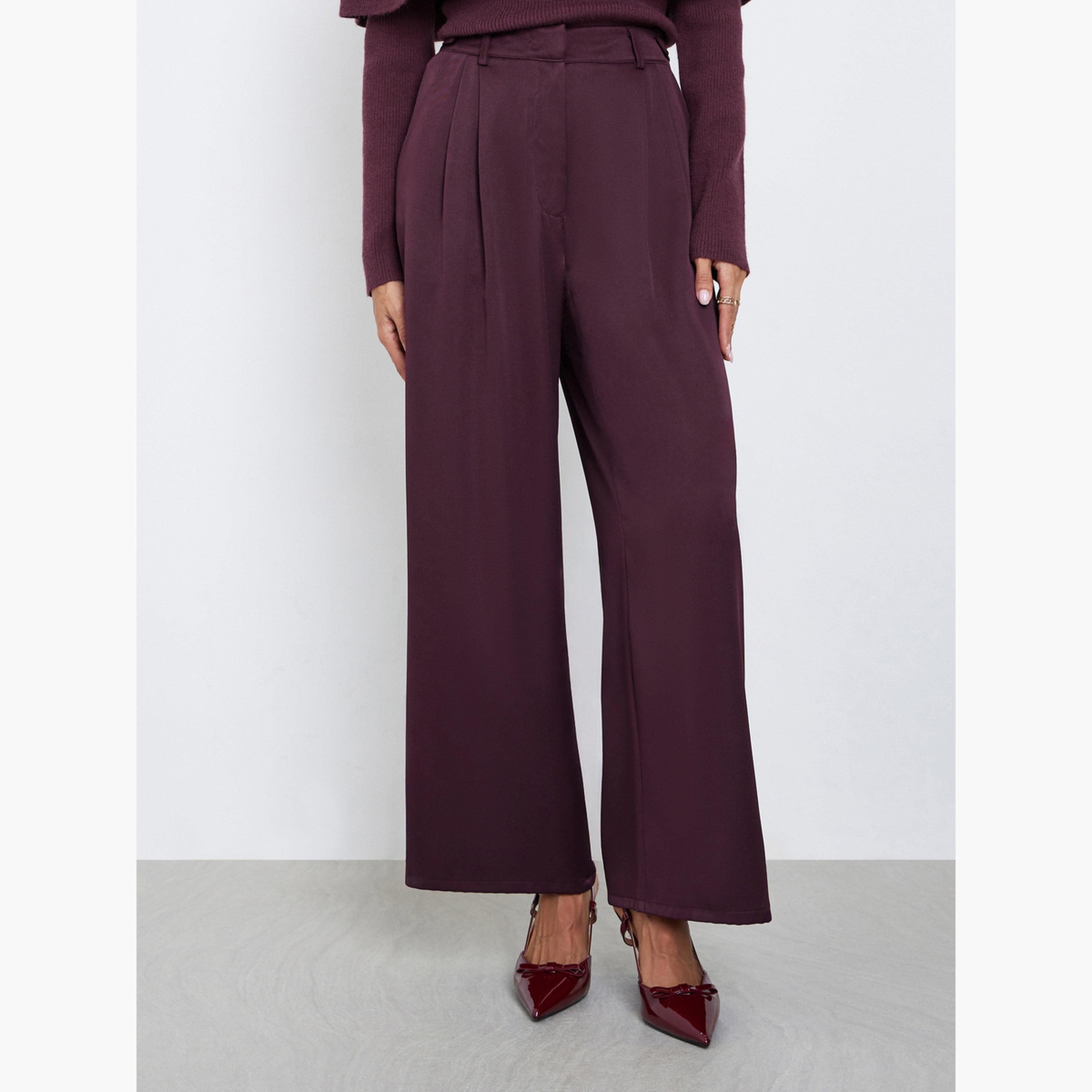 ستايلي - بنطال برغندي واسع الساق مع جيوب للنساء-women-clothing-bottoms-trousers-image-1